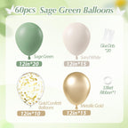 Vicduotex Sage Green & Gold Confetti Balloons Kit – 60pcs 12-inch for Boho Weddings & Parties