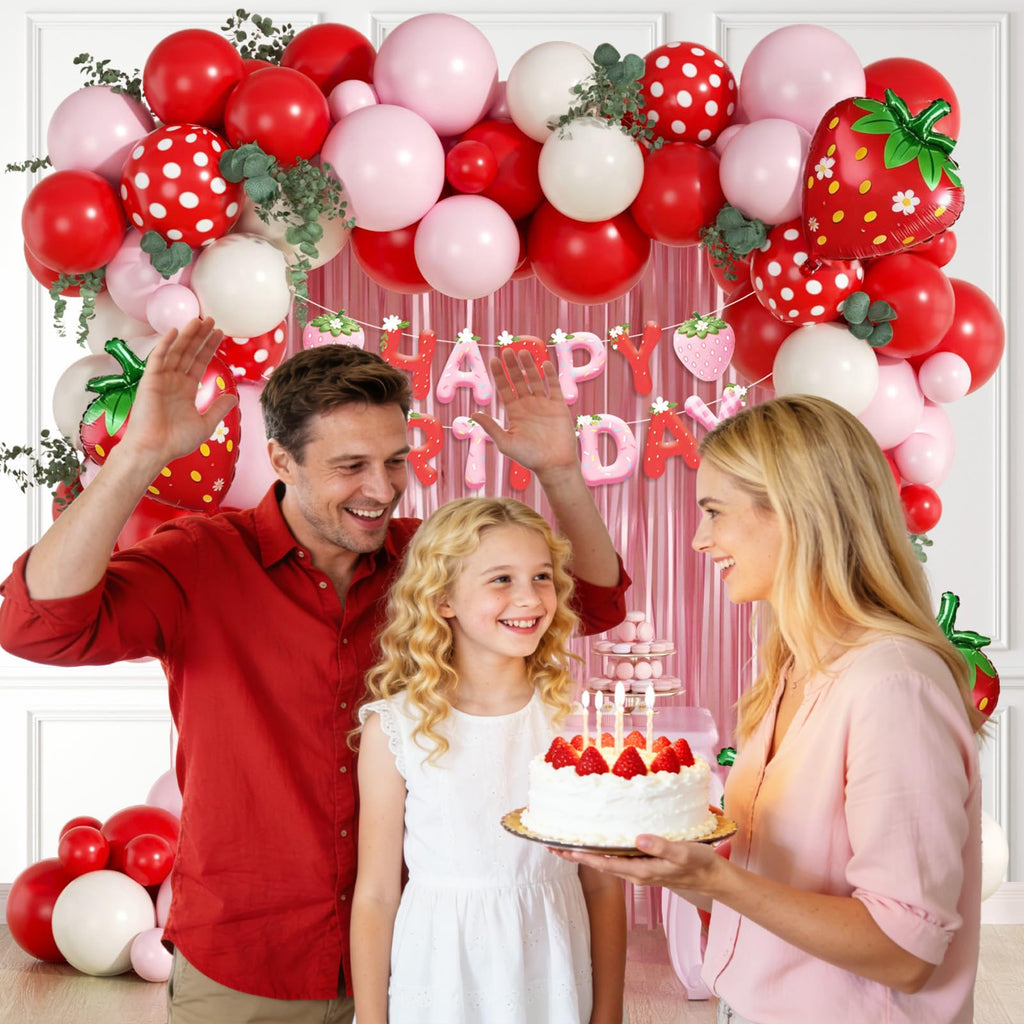 Vicduotex Strawberry Birthday Decorations — Pink Fringe Curtain, Banner & Balloons