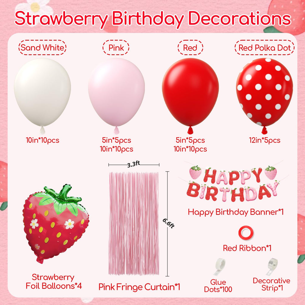 Vicduotex Strawberry Birthday Decorations — Pink Fringe Curtain, Banner & Balloons