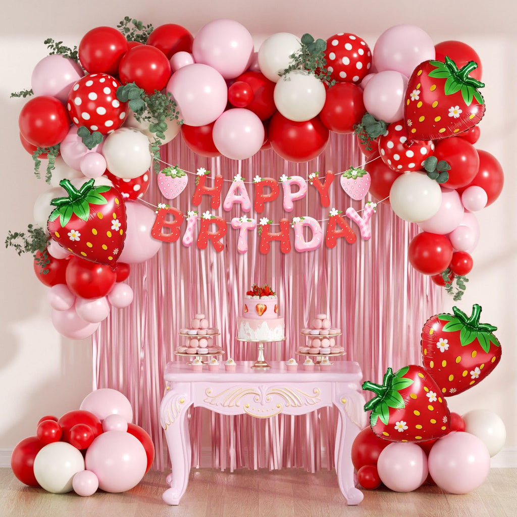 Vicduotex Strawberry Birthday Decorations — Pink Fringe Curtain, Banner & Balloons