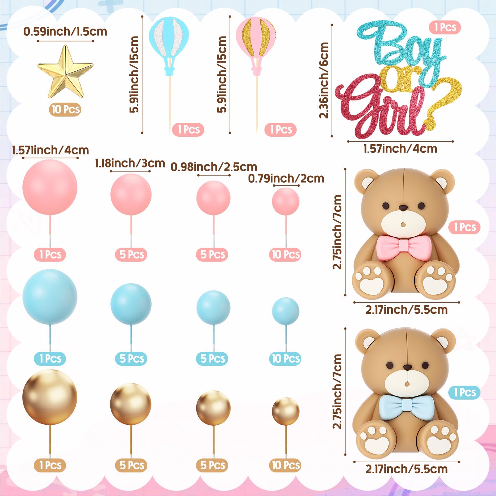 Vicenpal 82-Piece Gender Reveal Cake Topper Set – Pink Blue Bears, Balloons & Stars for Baby Shower