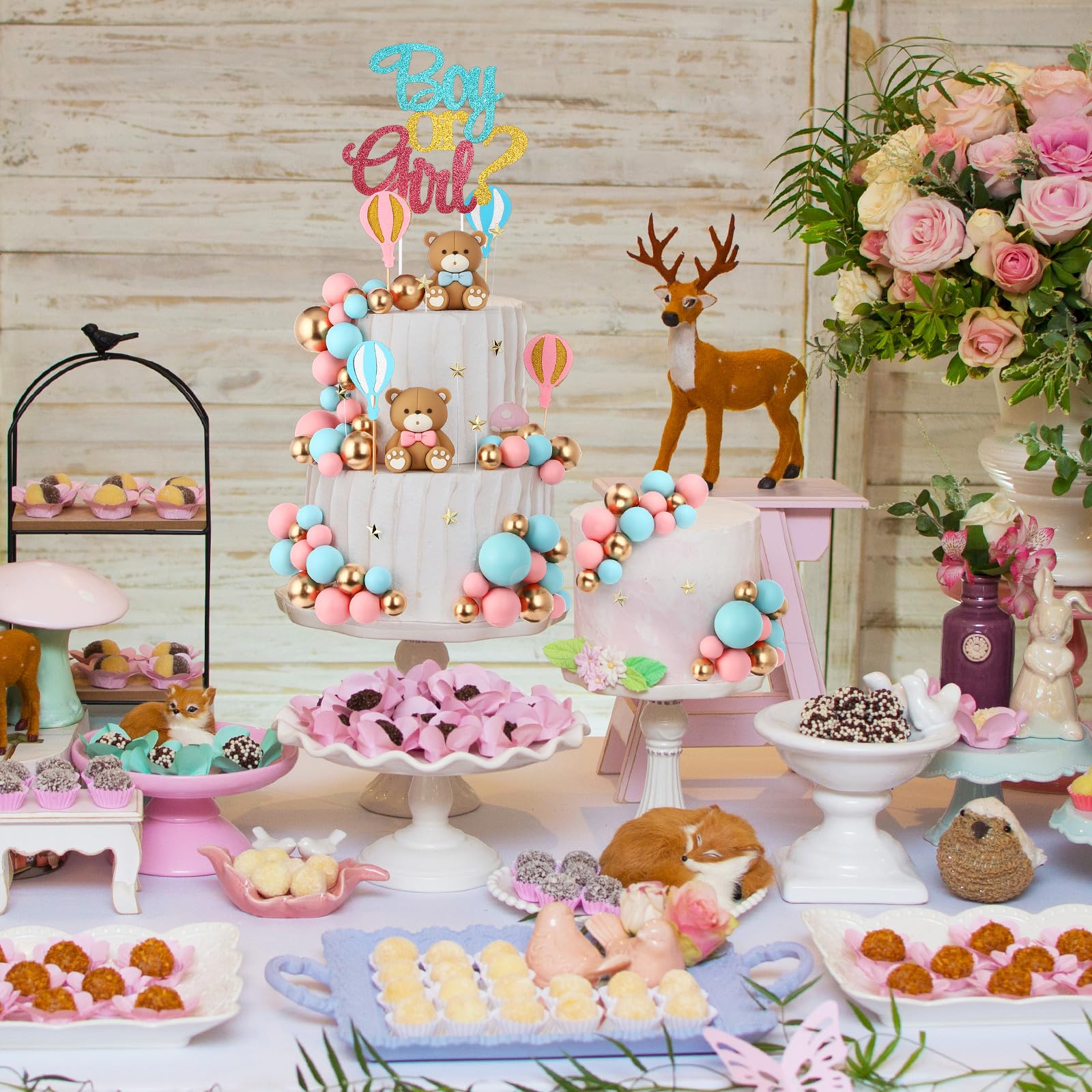 Vicenpal 82-Piece Gender Reveal Cake Topper Set – Pink Blue Bears, Balloons & Stars for Baby Shower