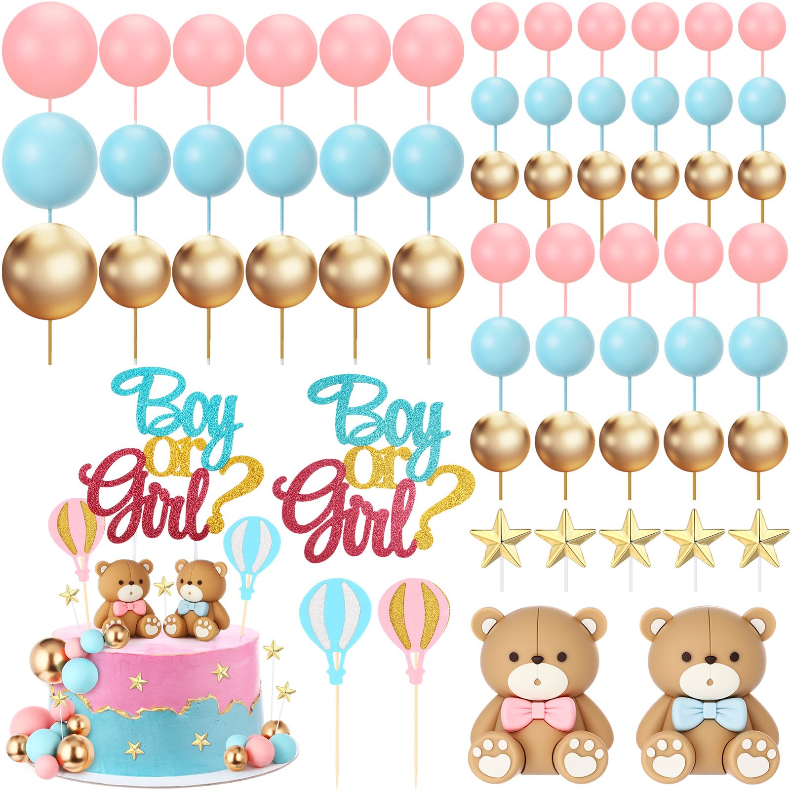 Vicenpal 82-Piece Gender Reveal Cake Topper Set – Pink Blue Bears, Balloons & Stars for Baby Shower