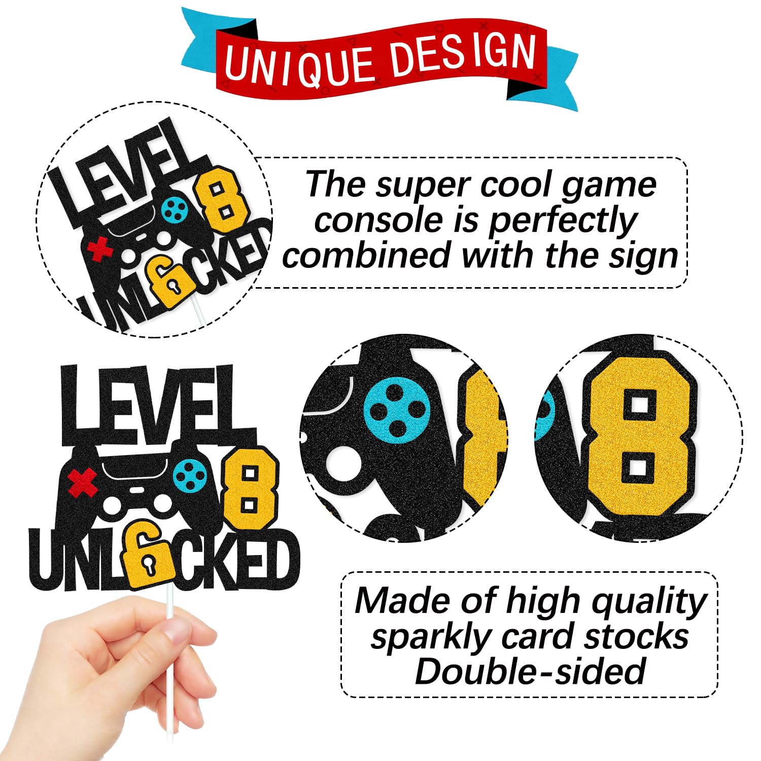 Vikiwiin Level 8th Unlocked Cake Topper – Game Controller Theme for 8th Birthday