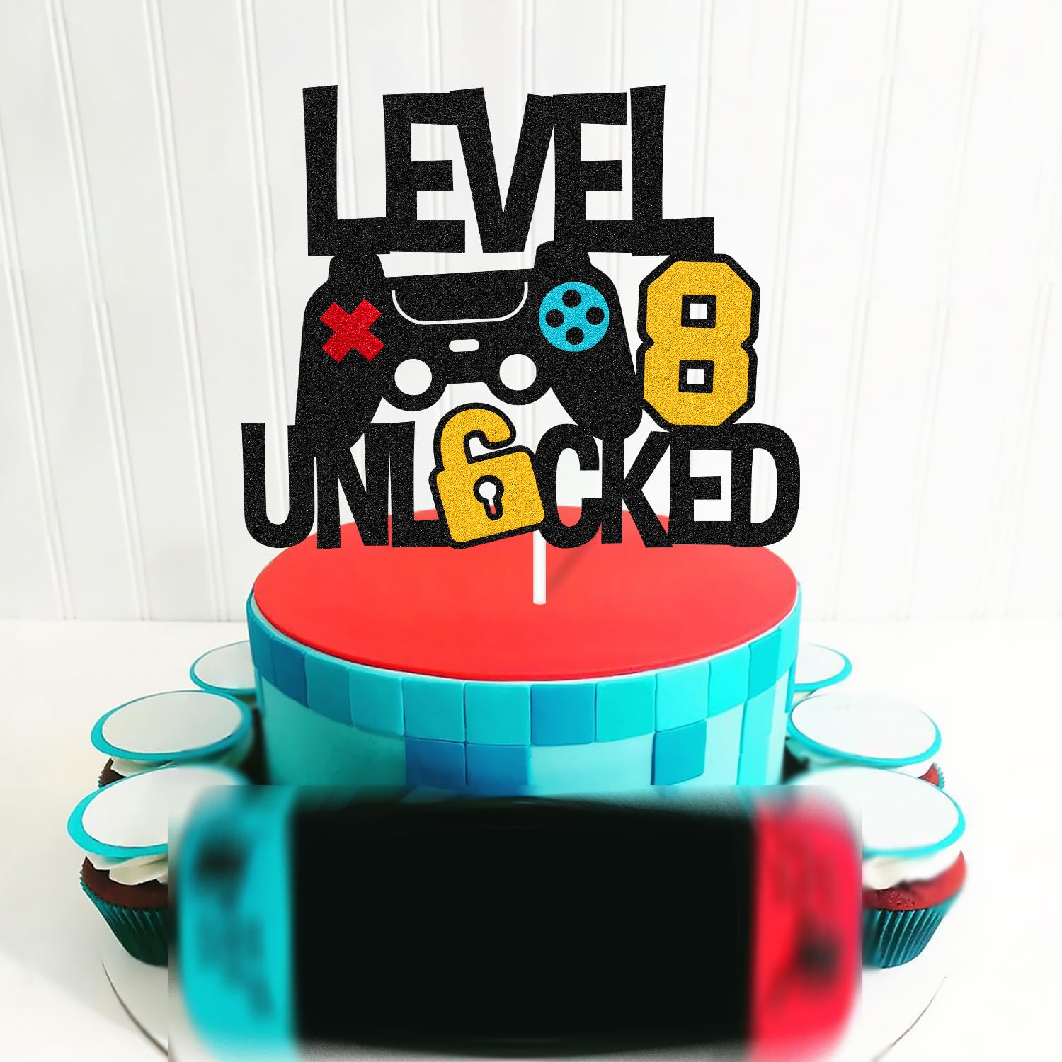 Vikiwiin Level 8th Unlocked Cake Topper – Game Controller Theme for 8th Birthday