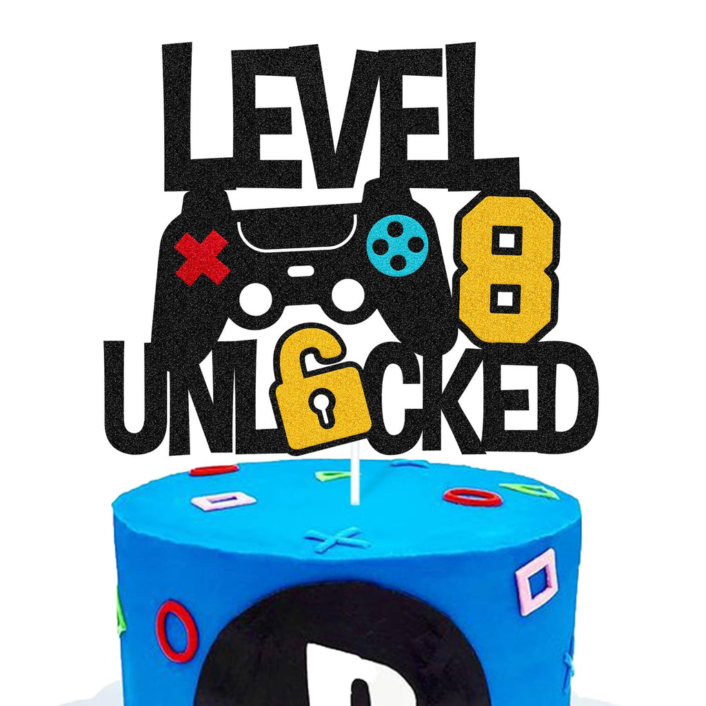 Vikiwiin Level 8th Unlocked Cake Topper – Game Controller Theme for 8th Birthday