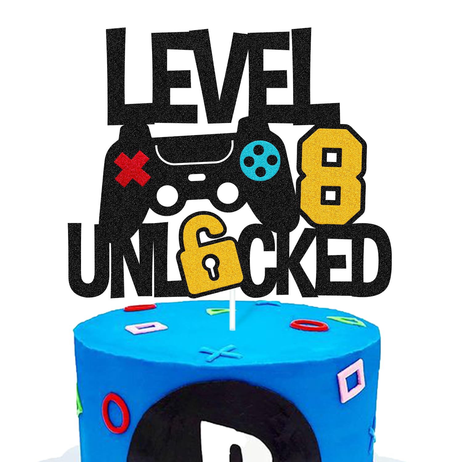 Vikiwiin Level 8th Unlocked Cake Topper – Game Controller Theme for 8th Birthday