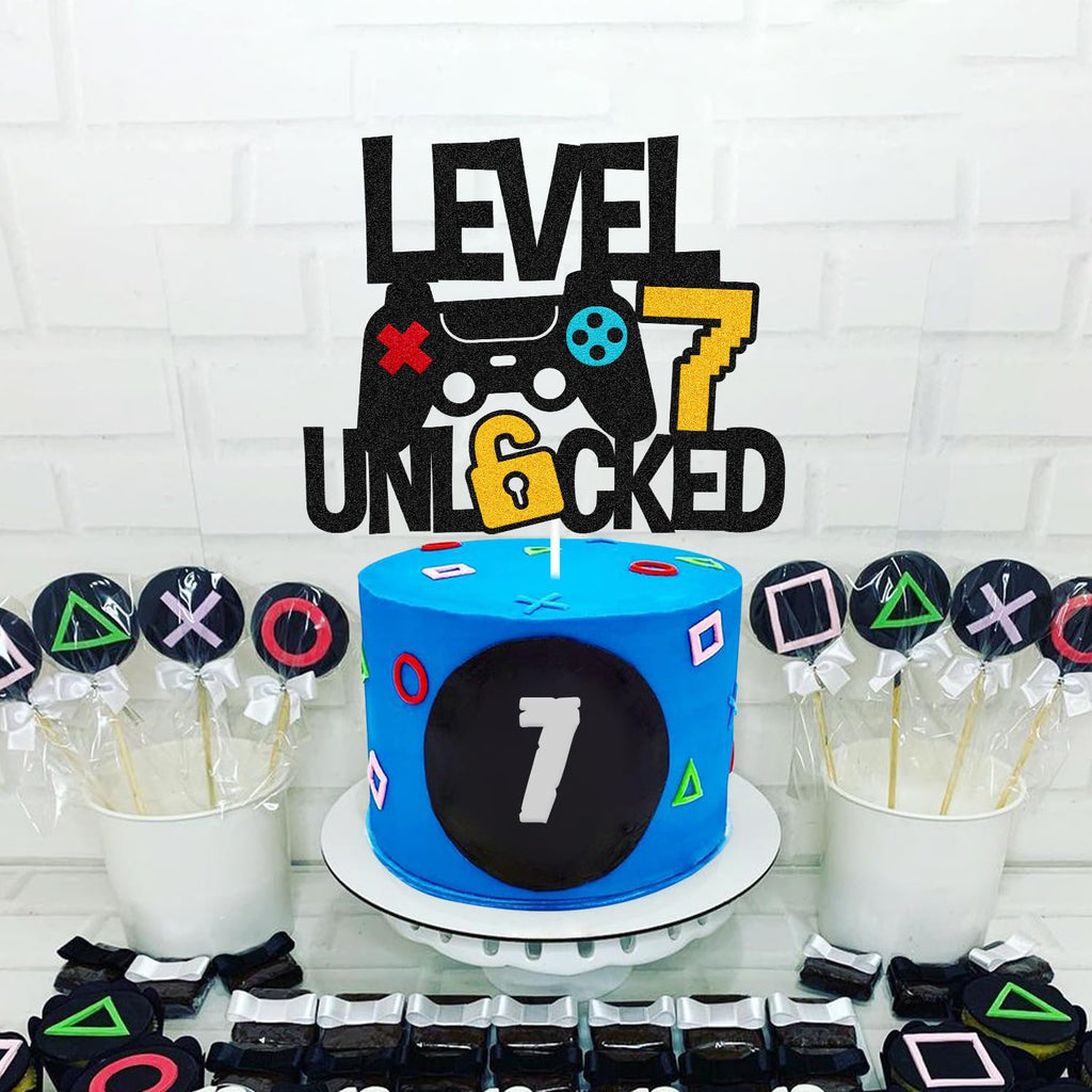 Vikiwiin Level 8th Unlocked Cake Topper – Game Controller Theme for 8th Birthday
