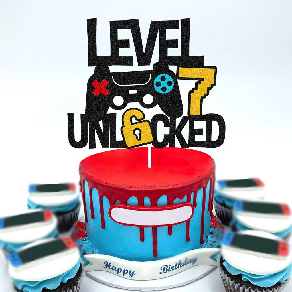 Vikiwiin Level 8th Unlocked Cake Topper – Game Controller Theme for 8th Birthday