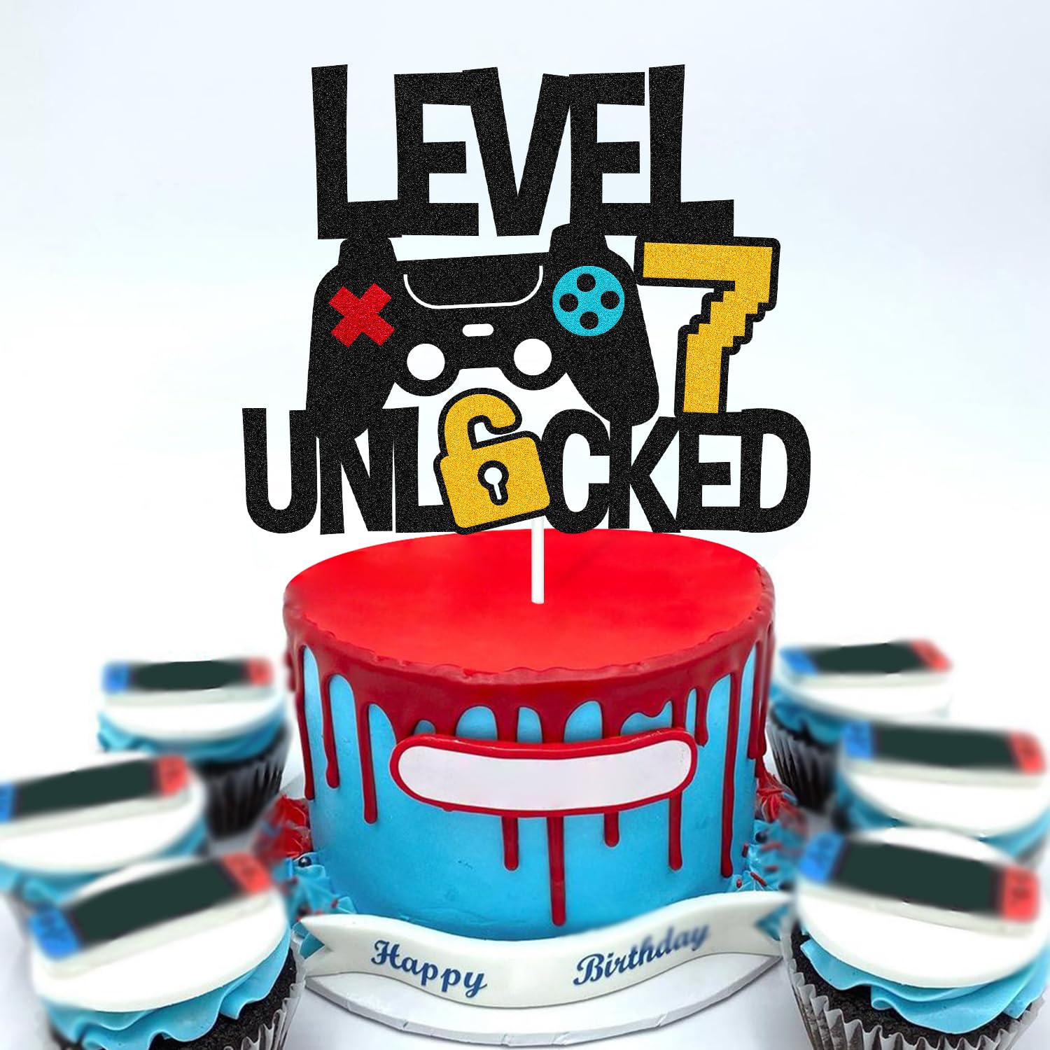 Vikiwiin Level 8th Unlocked Cake Topper – Game Controller Theme for 8th Birthday