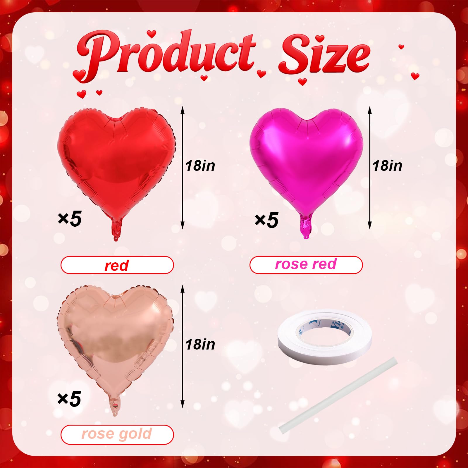 Villorem 15 Pcs Red Heart Balloons – 18 Inch Hot Pink & Rose Gold Foil Valentine Balloons for Weddings & Parties