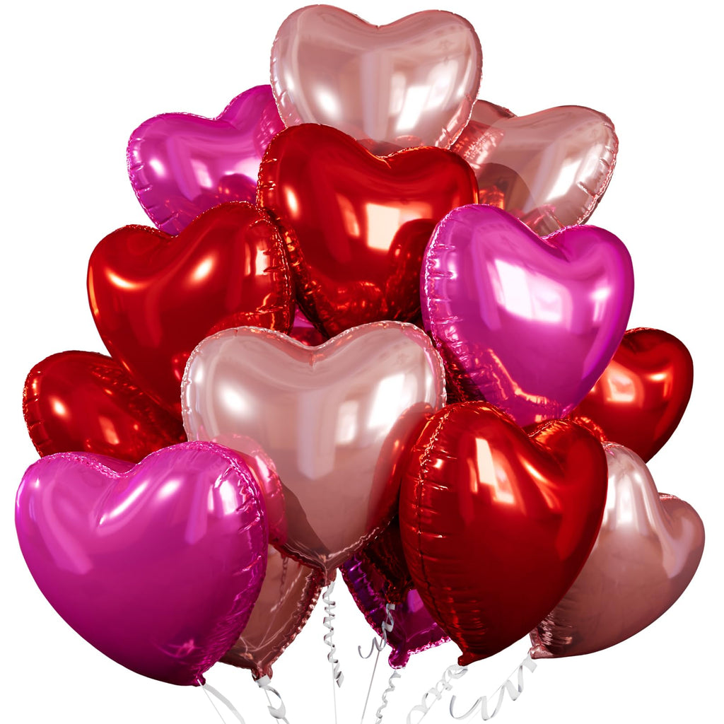 Villorem 15 Pcs Red Heart Balloons – 18 Inch Hot Pink & Rose Gold Foil Valentine Balloons for Weddings & Parties