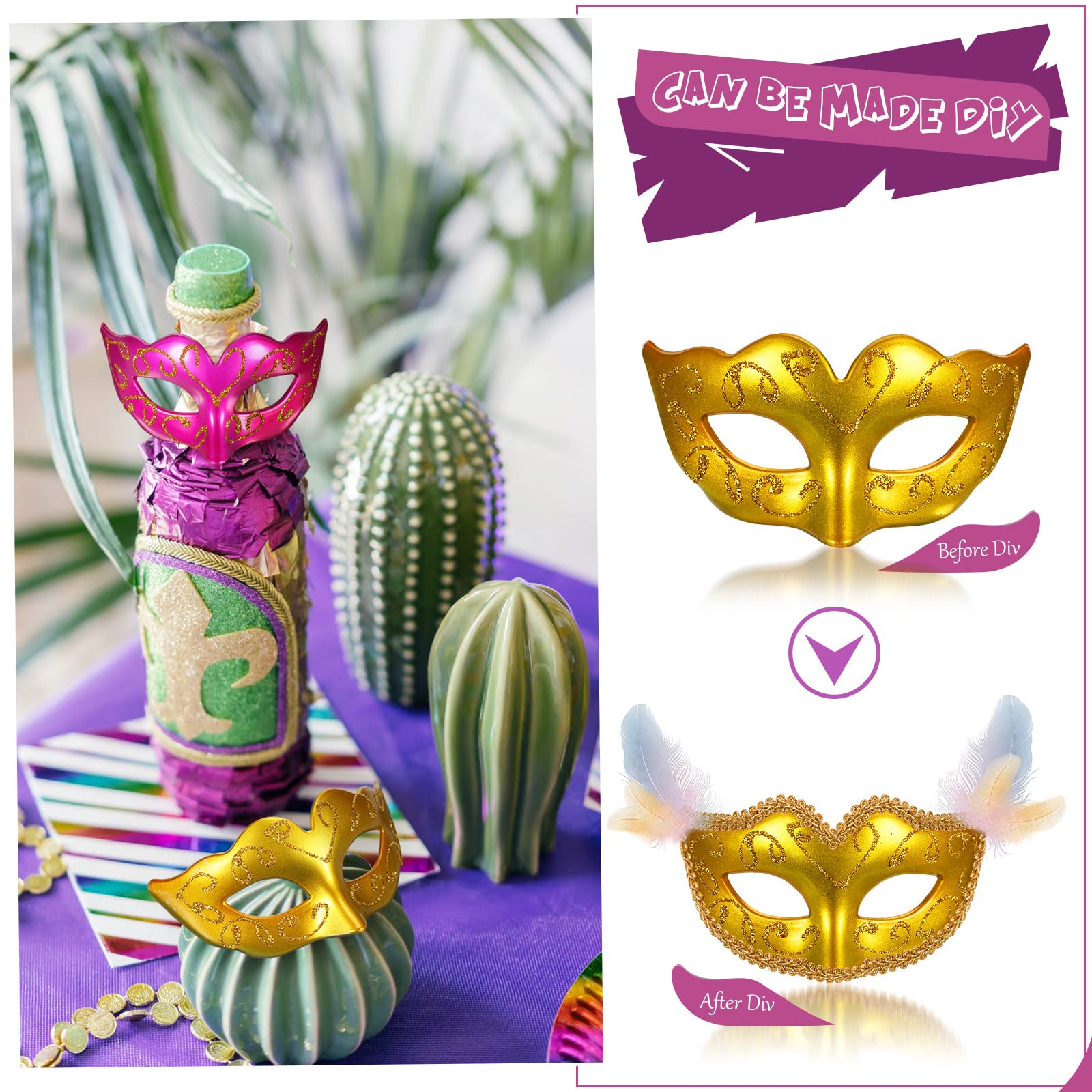 Vinsot 24 Pcs Colorful Mardi Gras Masks Cake Toppers – Mini Masquerade Party Decor for Desserts