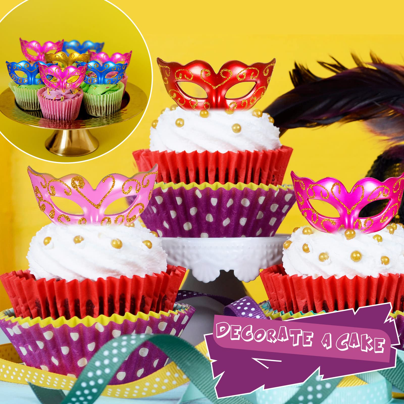 Vinsot 24 Pcs Colorful Mardi Gras Masks Cake Toppers – Mini Masquerade Party Decor for Desserts