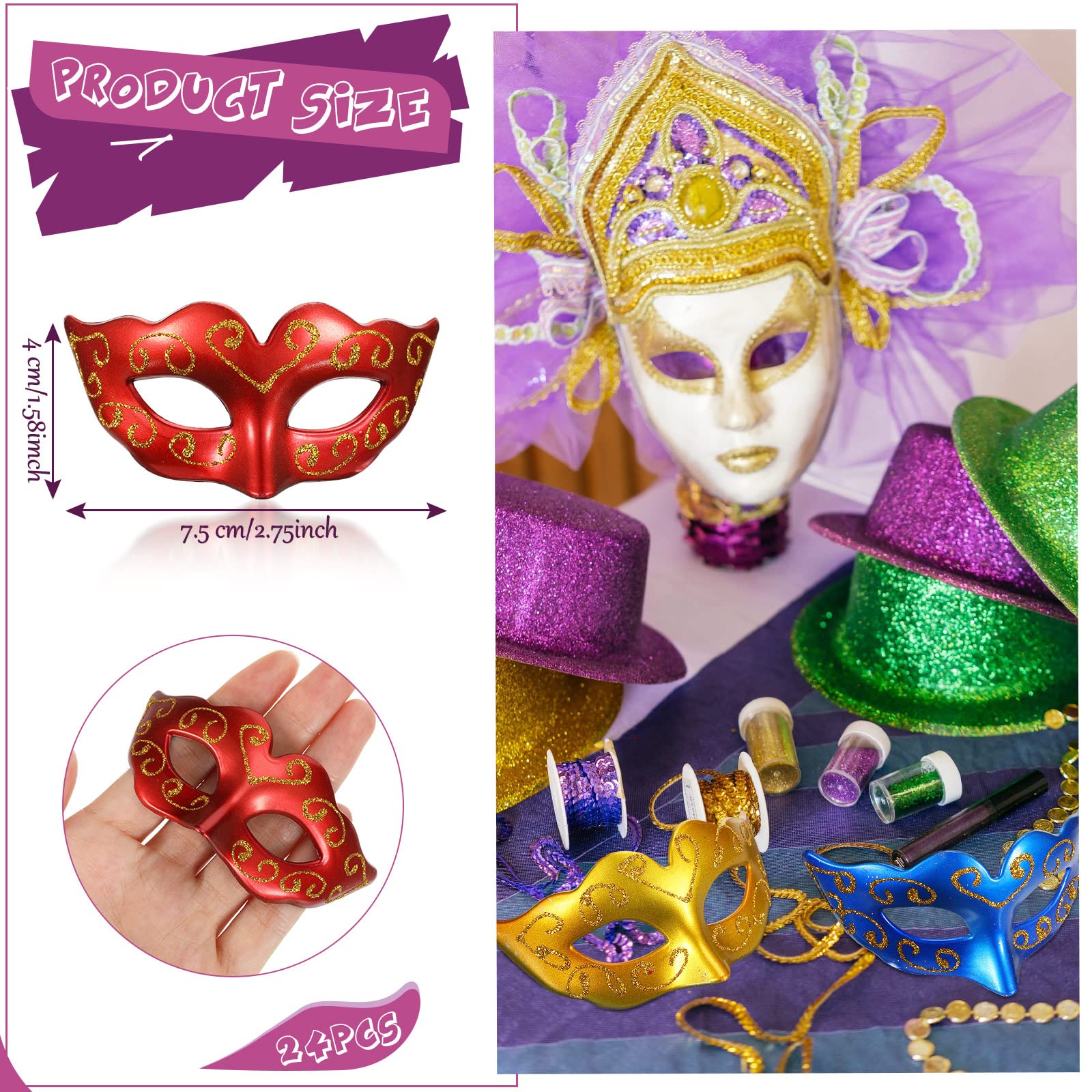 Vinsot 24 Pcs Colorful Mardi Gras Masks Cake Toppers – Mini Masquerade Party Decor for Desserts
