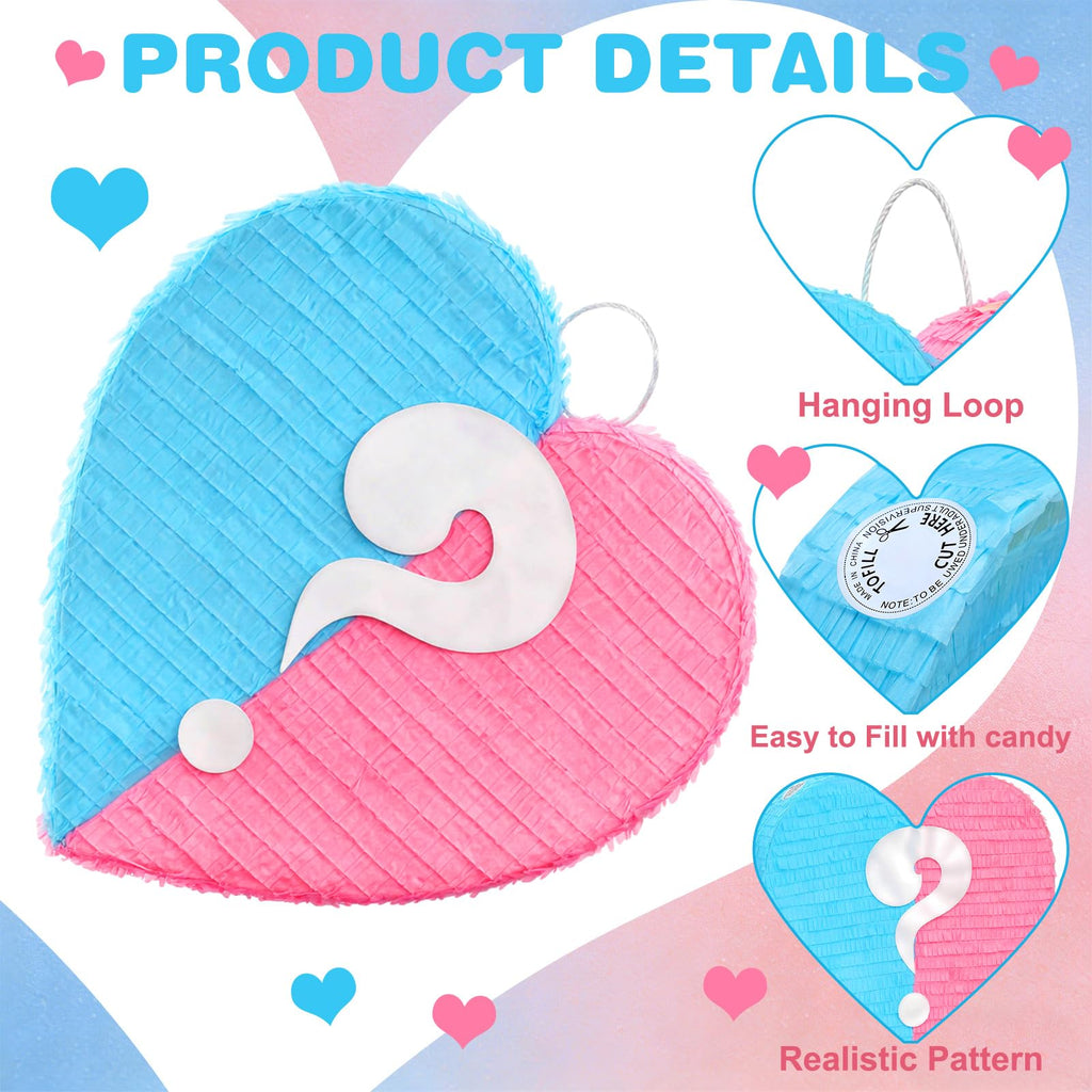VioraWhite 17-Inch Heart Pinata – Gender Reveal Pink & Blue | Large Valentines Baby Shower Decor