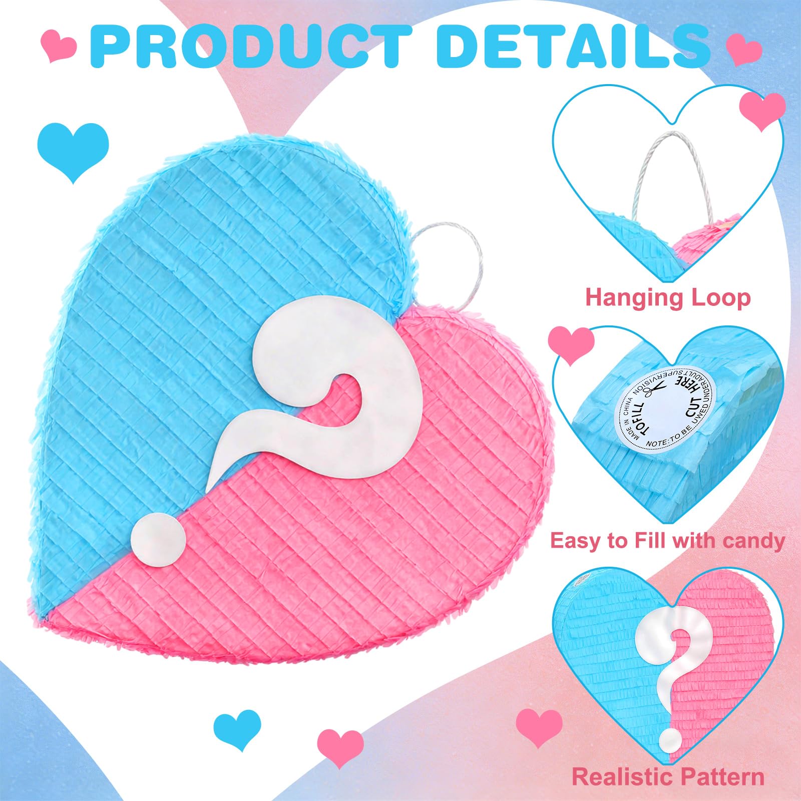 VioraWhite 17-Inch Heart Pinata – Gender Reveal Pink & Blue | Large Valentines Baby Shower Decor