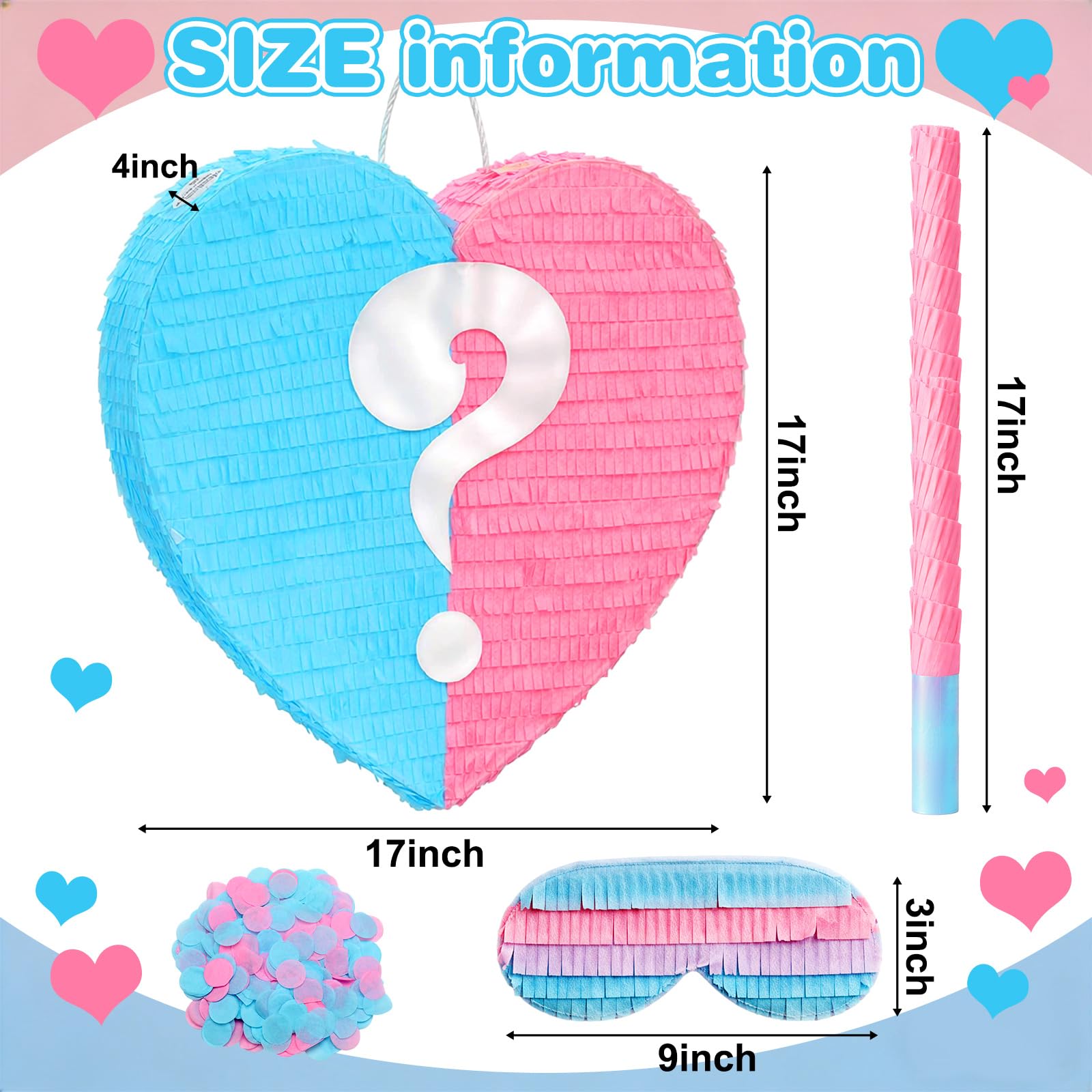 VioraWhite 17-Inch Heart Pinata – Gender Reveal Pink & Blue | Large Valentines Baby Shower Decor