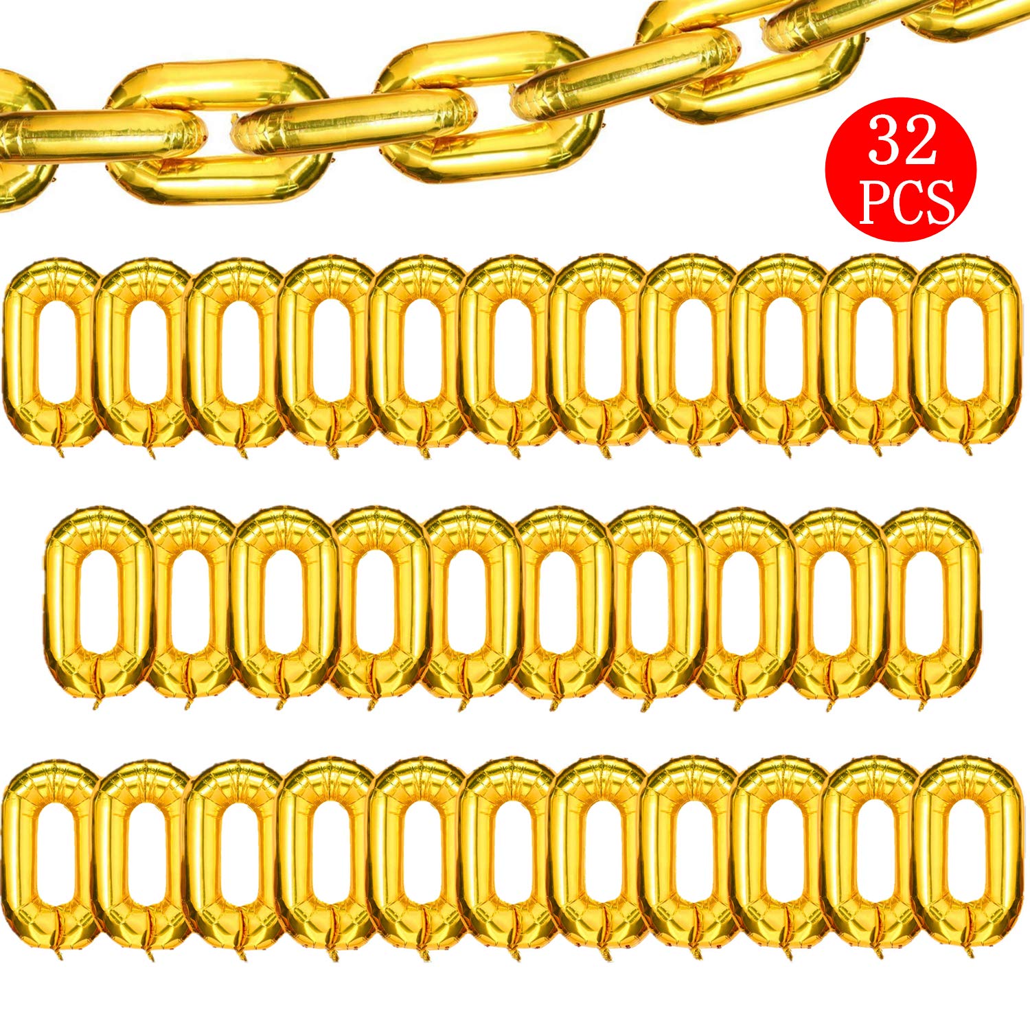 Virtue Morals Foil Chain Balloons Gold 32in – Jumbo Chain Balloon Set for 80s/90s Party Decor (32pc)