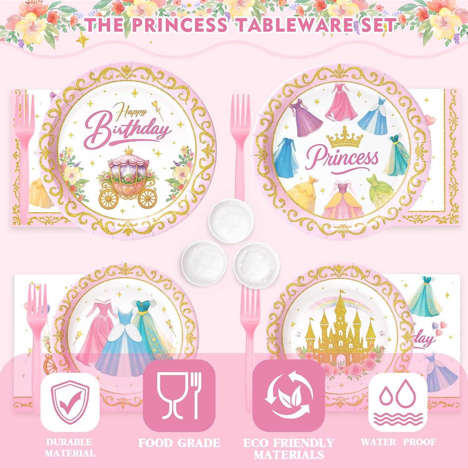Vistico Princess Party Tableware Set – 144 Pcs for 24 Guests (Plates, Cups, Forks, Straws, Napkins)