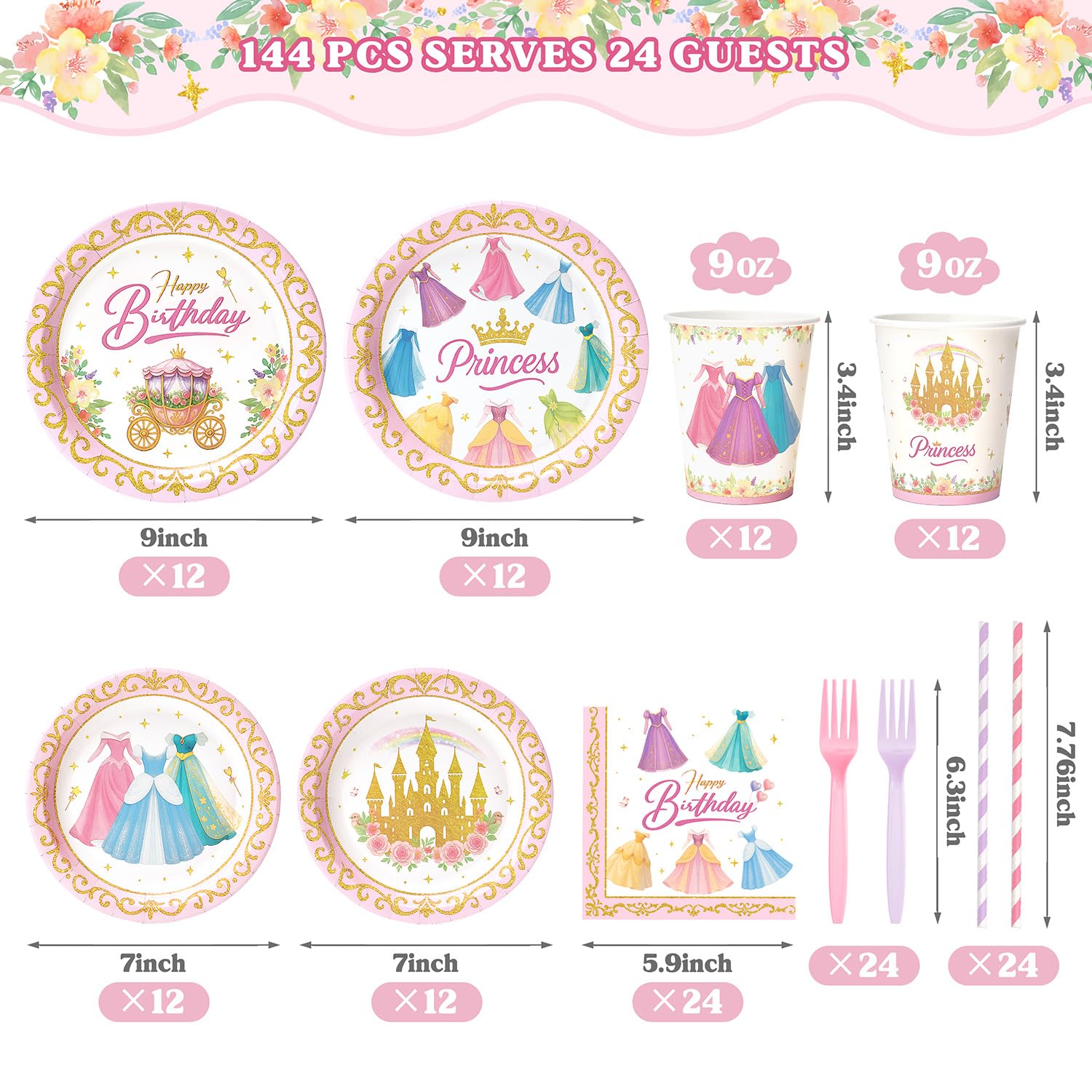 Vistico Princess Party Tableware Set – 144 Pcs for 24 Guests (Plates, Cups, Forks, Straws, Napkins)