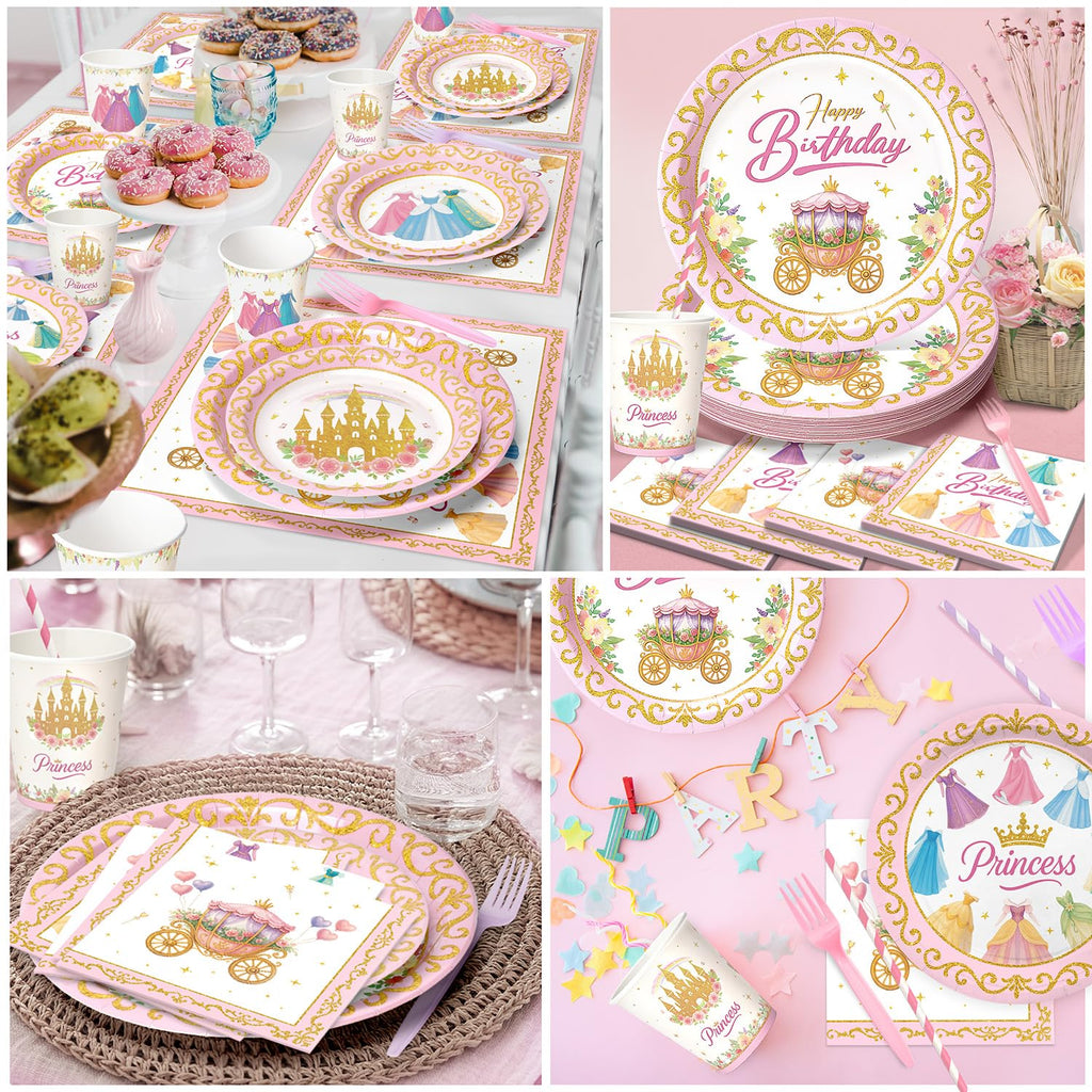 Vistico Princess Party Tableware Set – 144 Pcs for 24 Guests (Plates, Cups, Forks, Straws, Napkins)