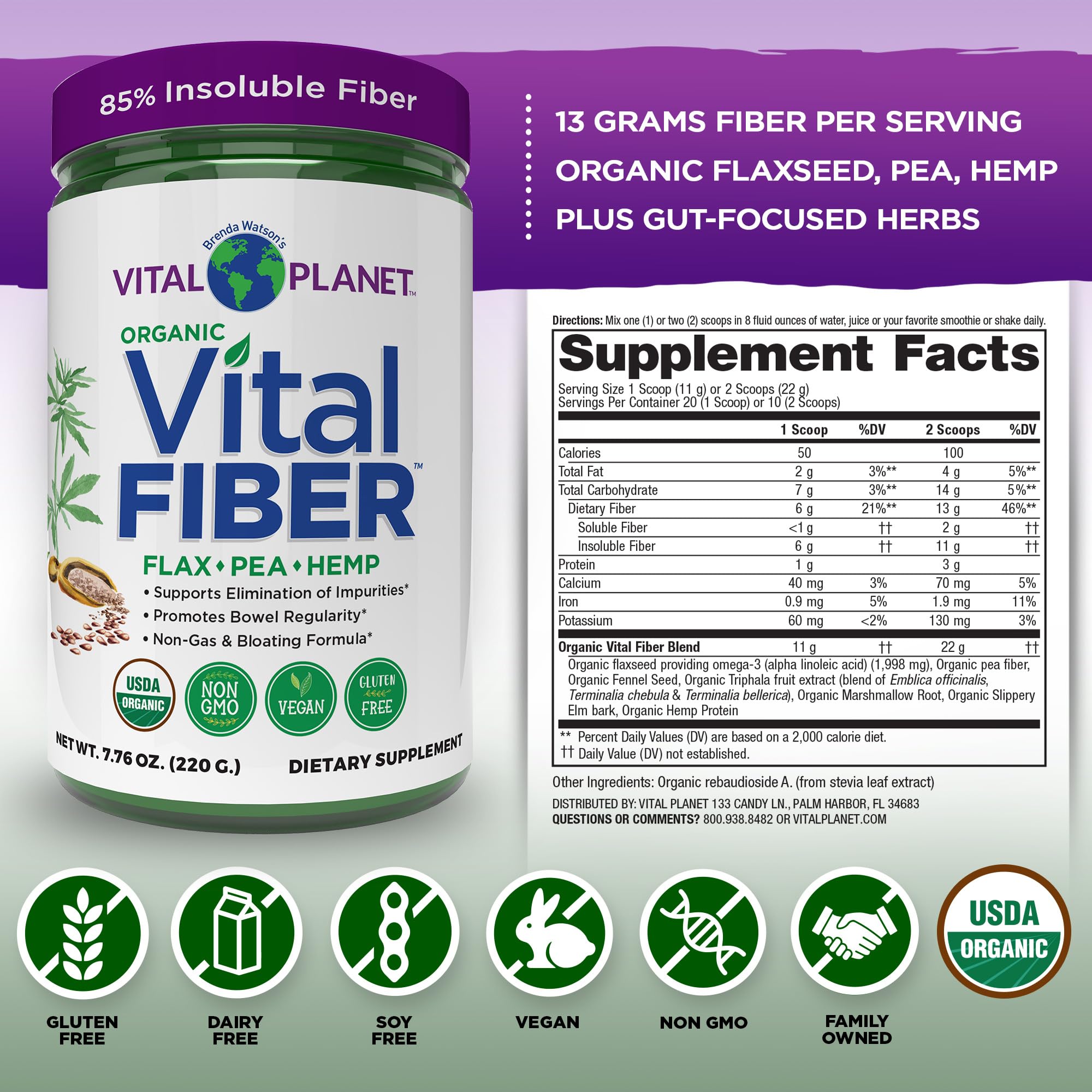 Vital Fiber Pulver - Bio unlösliche & lösliche Ballaststoffe | Vital Planet 220 g