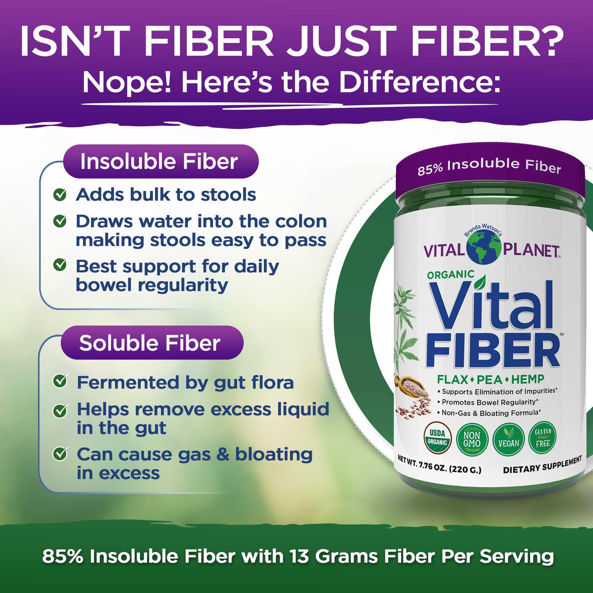 Vital Fiber Pulver - Bio unlösliche & lösliche Ballaststoffe | Vital Planet 220 g