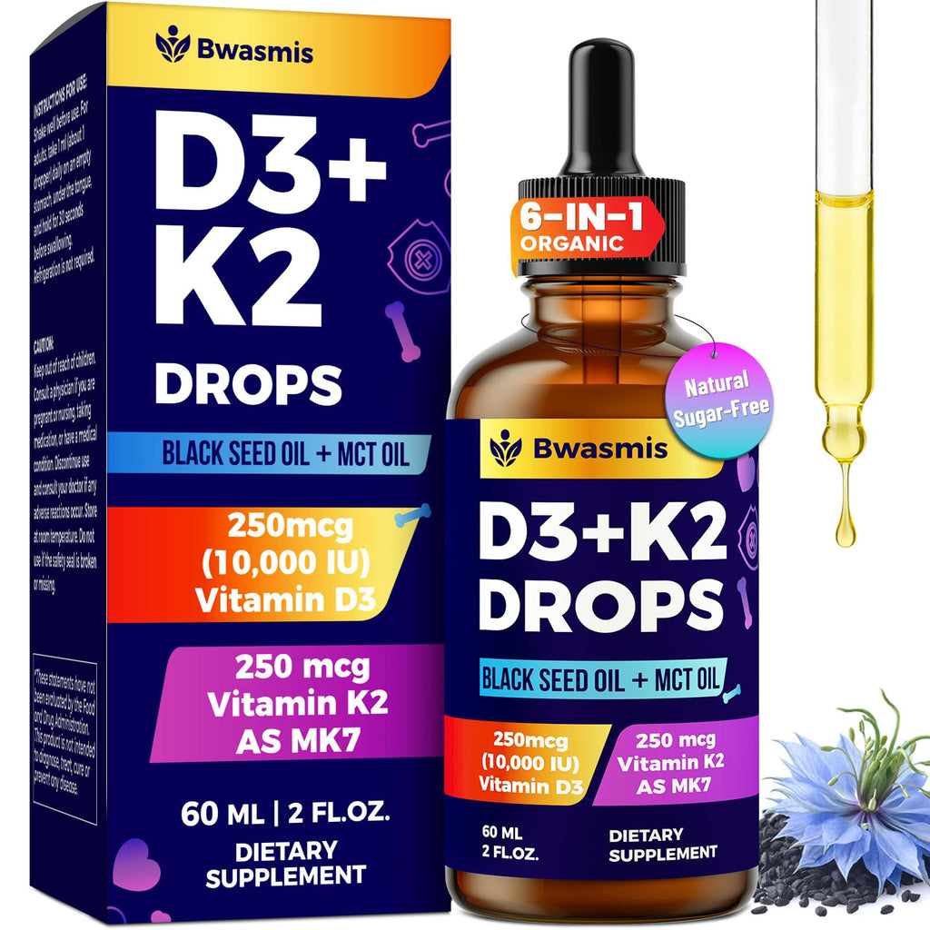 Vitamin D3 K2 Tropfen 10000IE mit Bio-Schwarzkümmelöl – 6-in-1 Flüssigkeit (59 ml)