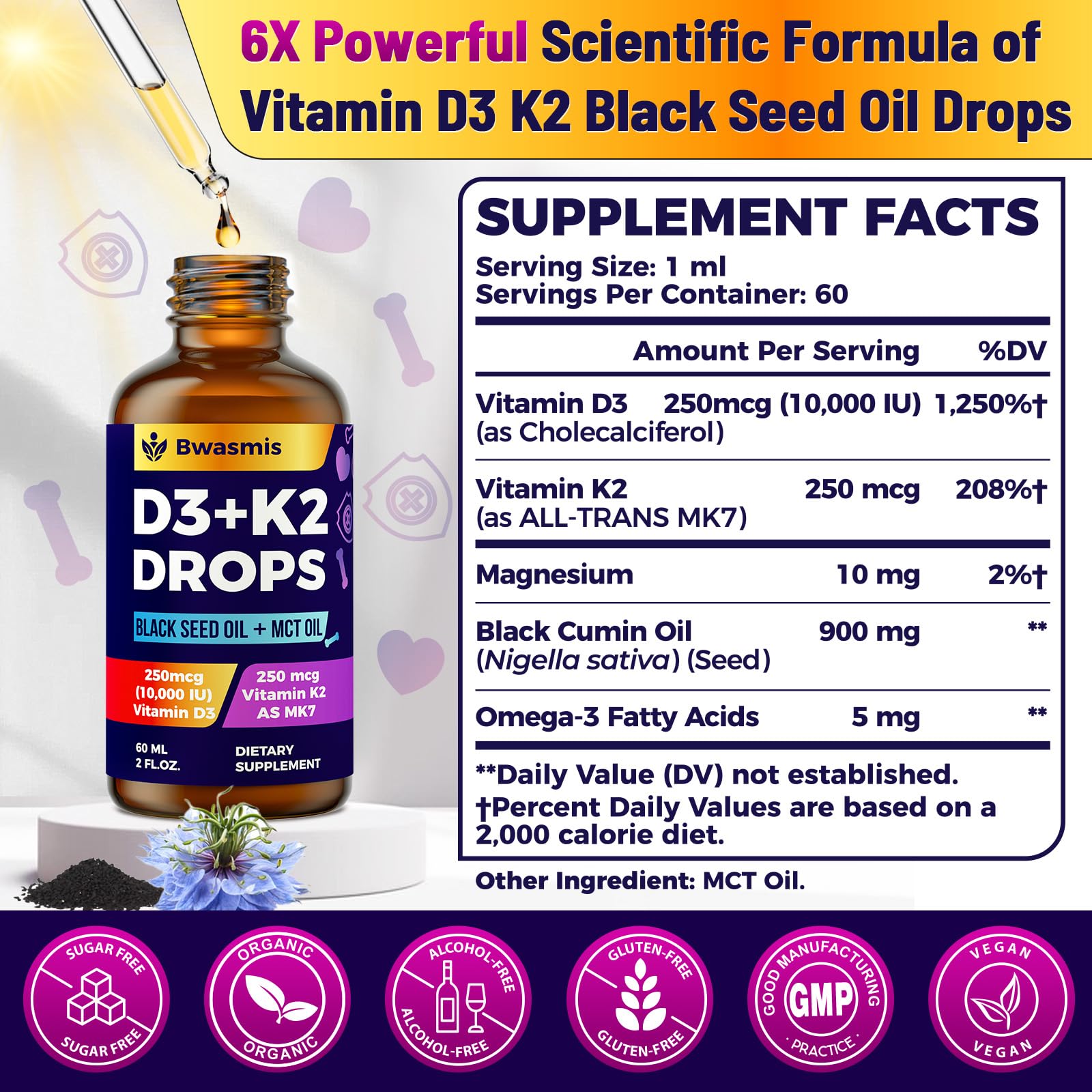 Vitamin D3 K2 Tropfen 10000IE mit Bio-Schwarzkümmelöl – 6-in-1 Flüssigkeit (59 ml)