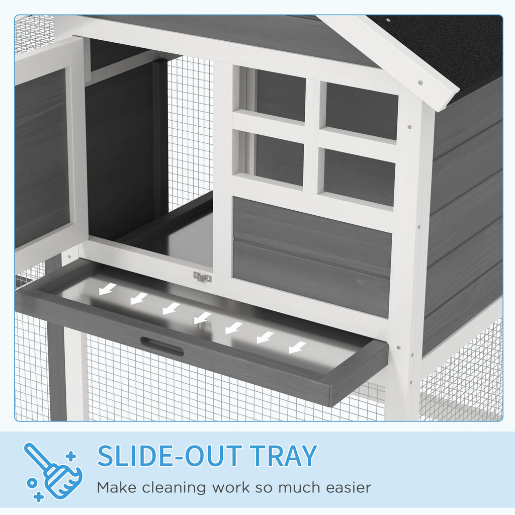 PawHut Rabbit Hutch Outdoor Wooden Guinea Pig Hutch Rabbit Run Bunny Cage Small Animal House Pull-Out Tray, Grey, 122 x 62.6 x 92 cm