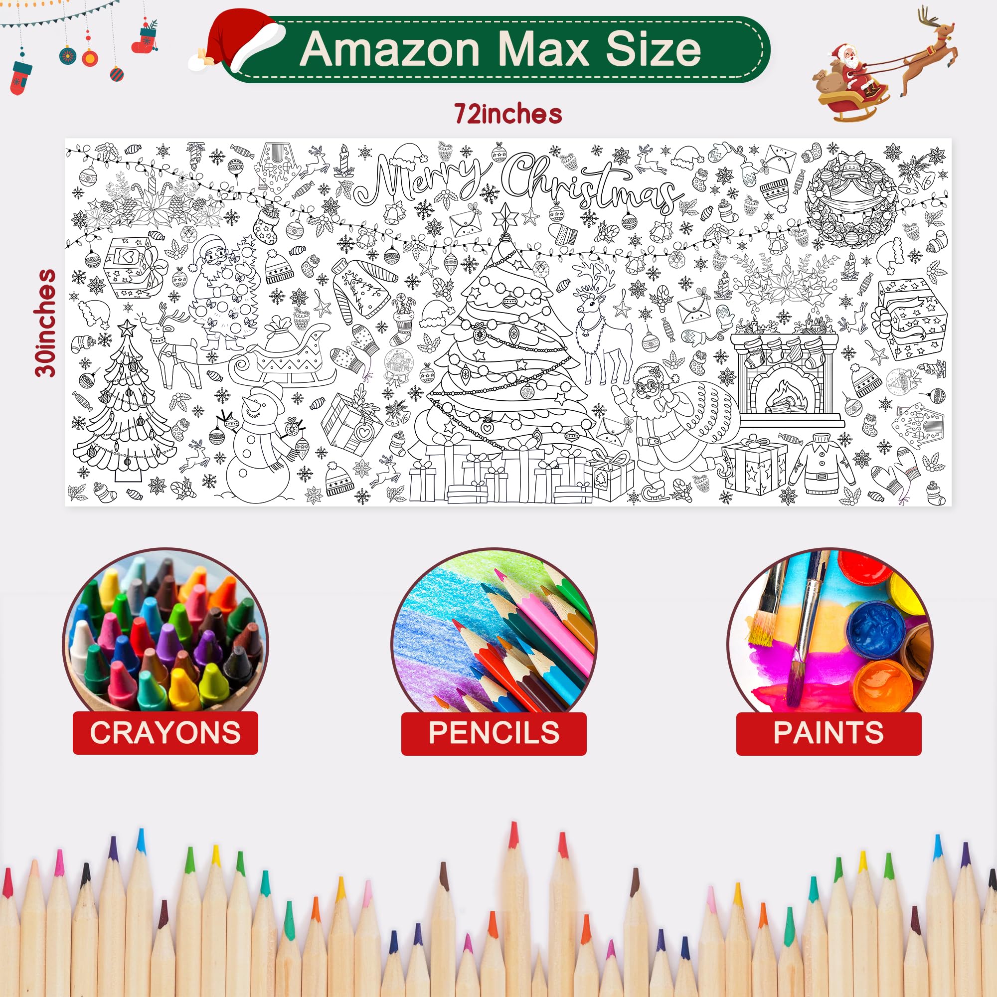 VOGUSON Xmas Giant Coloring Tablecloth Poster – 30x72 in Kids Christmas Crafts & Decor