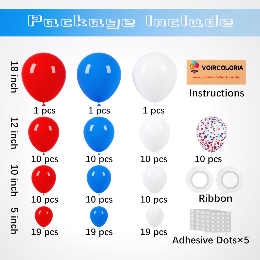 Voircoloria 130pcs Red White Blue Balloons Set – 5/10/12/18in Party Decor