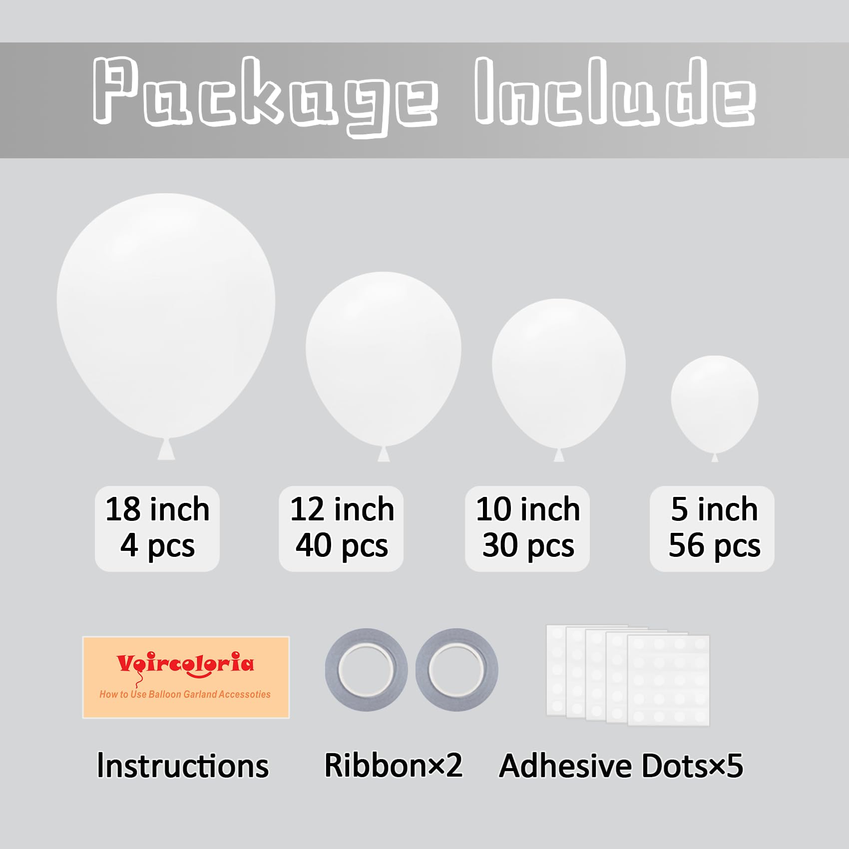 Voircoloria 130pcs White Latex Balloons — 5 Sizes for Parties (18in, 12in, 10in, 5in)