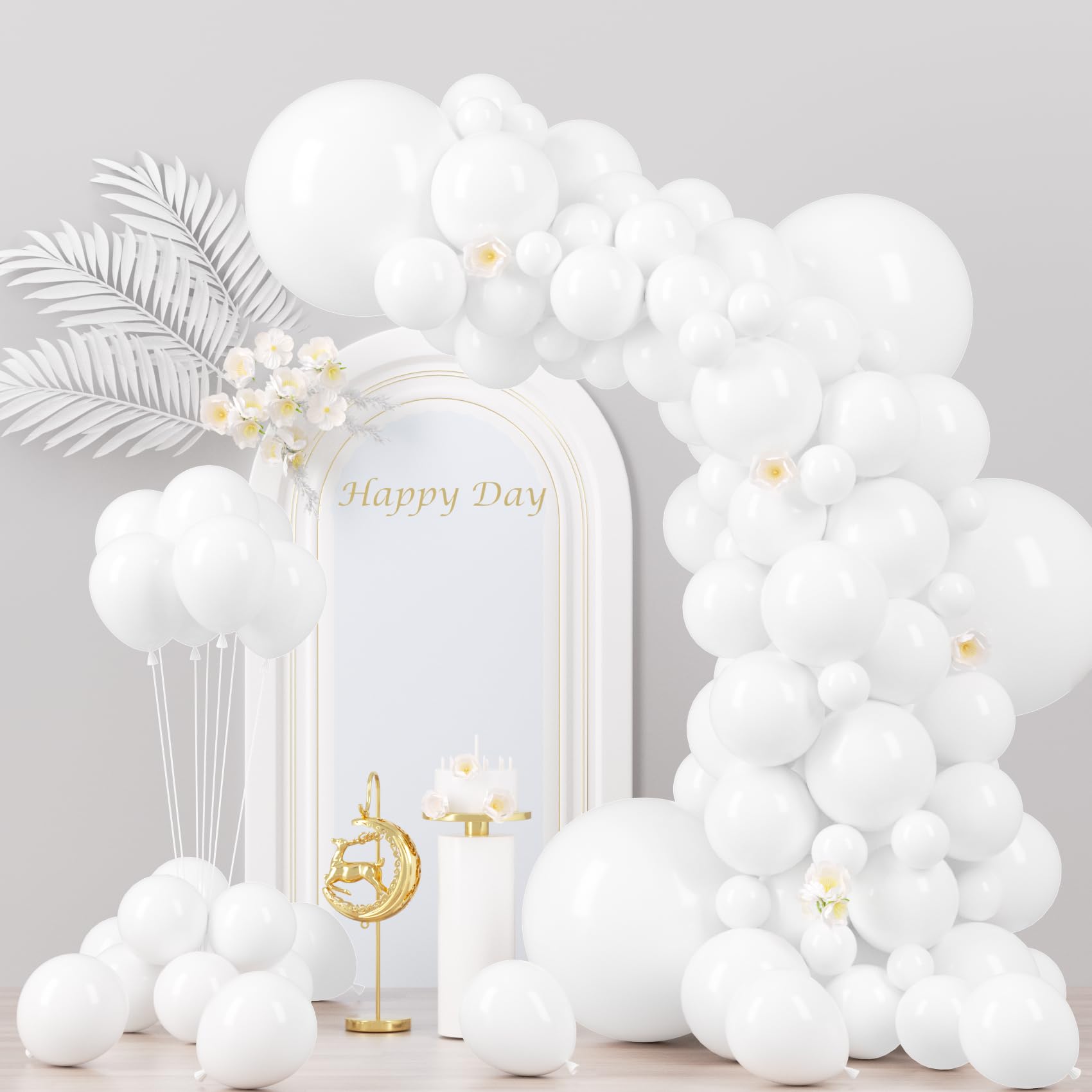 Voircoloria 130pcs White Latex Balloons — 5 Sizes for Parties (18in, 12in, 10in, 5in)
