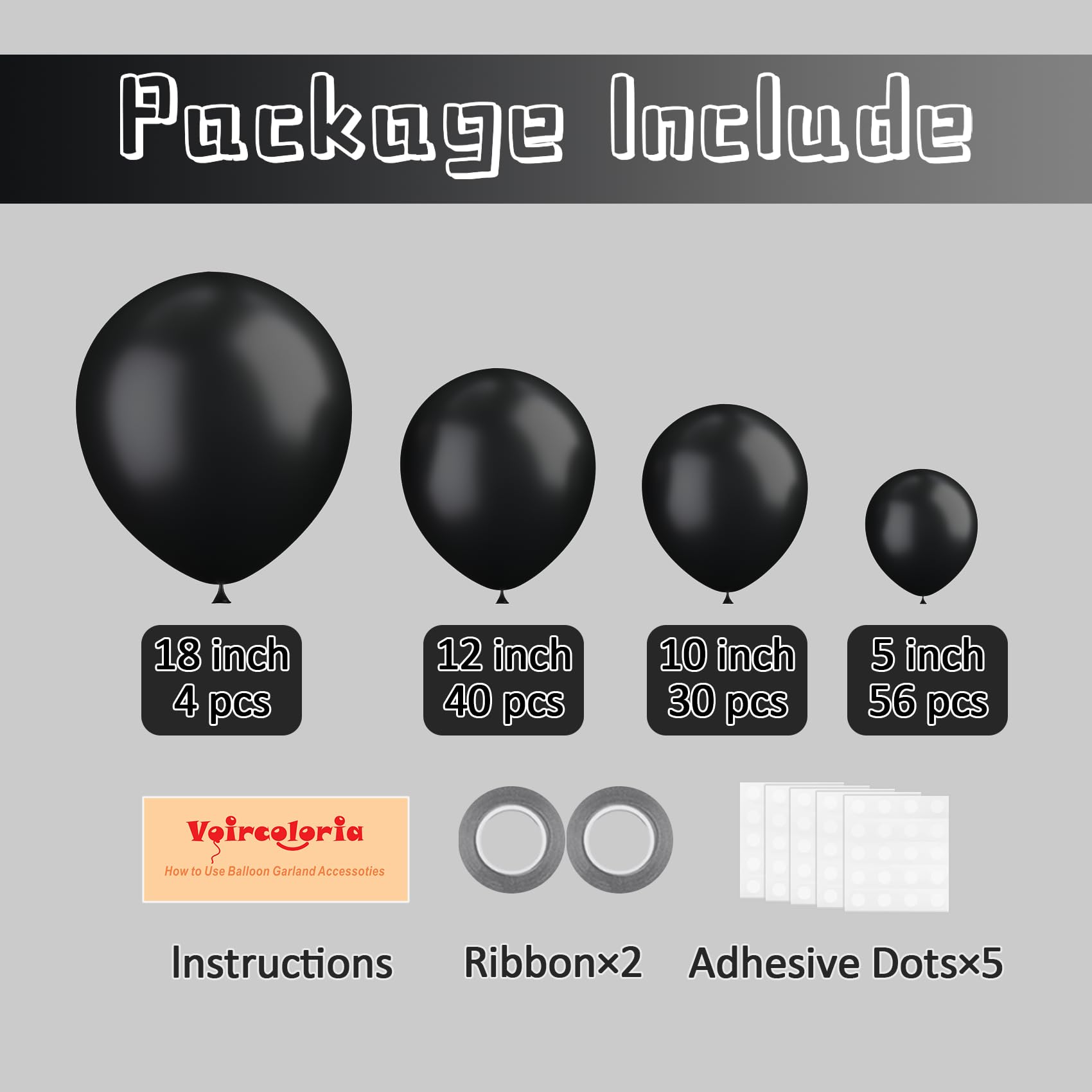 Voircoloria 130pcs Black Balloons Set – 5, 10, 12 & 18 Inch Latex Party Balloons