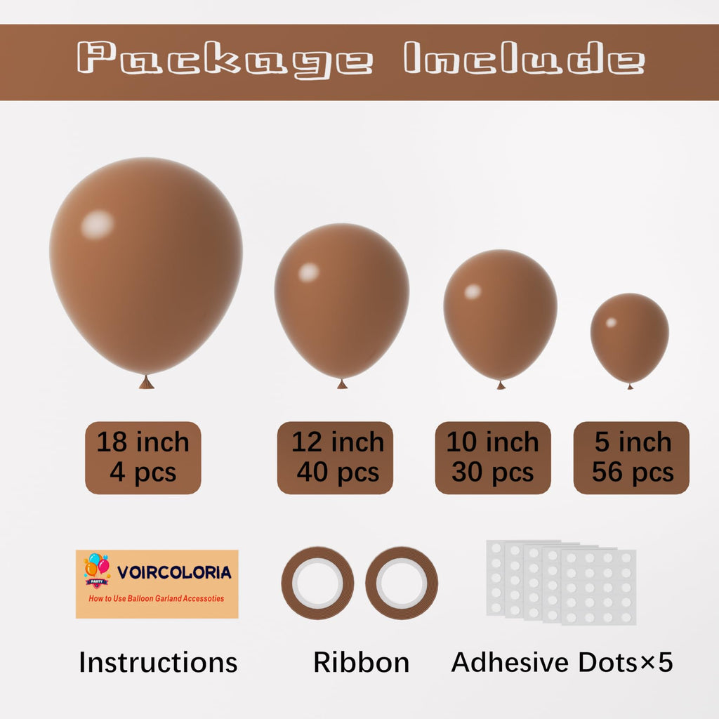 Voircoloria 130pcs Brown Balloons Set - 5in, 10in, 12in, 18in Latex Party Balloons