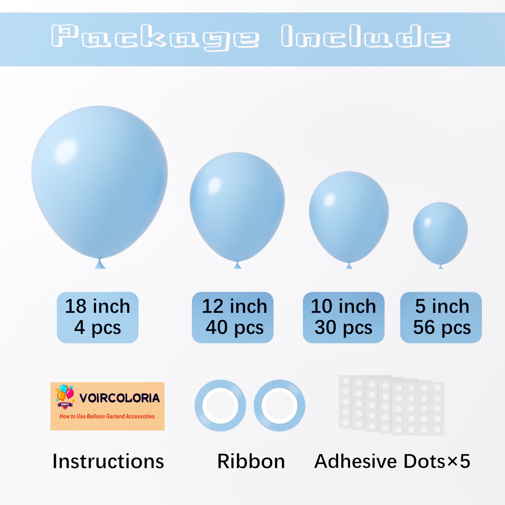 Voircoloria 130pcs Light Blue Balloons – 18in, 12in, 10in, 5in Baby Blue Party Decorations