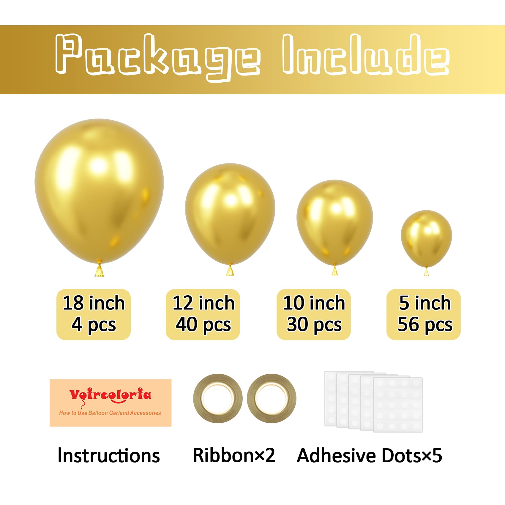 Voircoloria 130pcs Metallic Gold Balloons – Mixed Sizes for Weddings, Birthdays, and More
