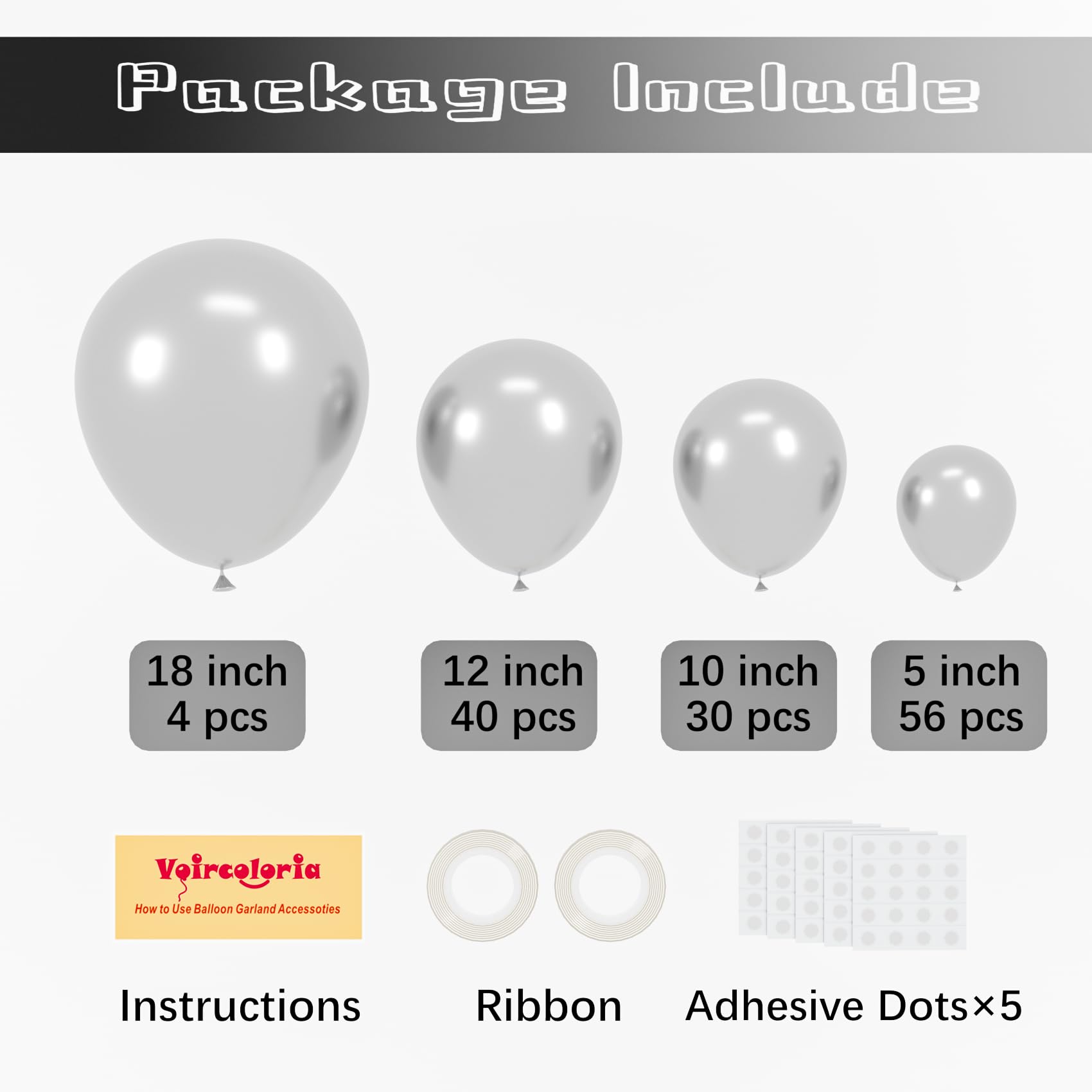 Voircoloria 130pcs Metallic Silver Balloon Garland Arch Kit – Chrome Balloons for Graduation, Birthday, Baby Shower, Wedding