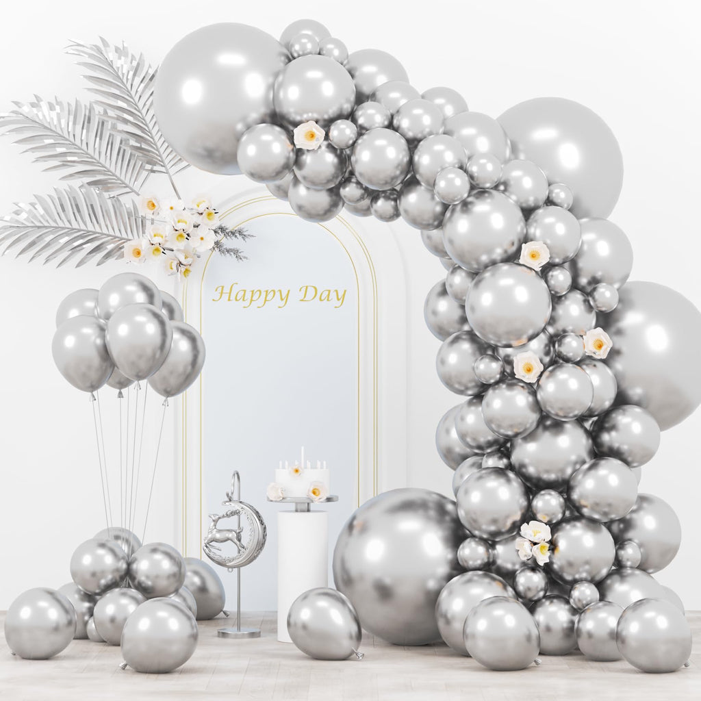 Voircoloria 130pcs Metallic Silver Balloon Garland Arch Kit – Chrome Balloons for Graduation, Birthday, Baby Shower, Wedding