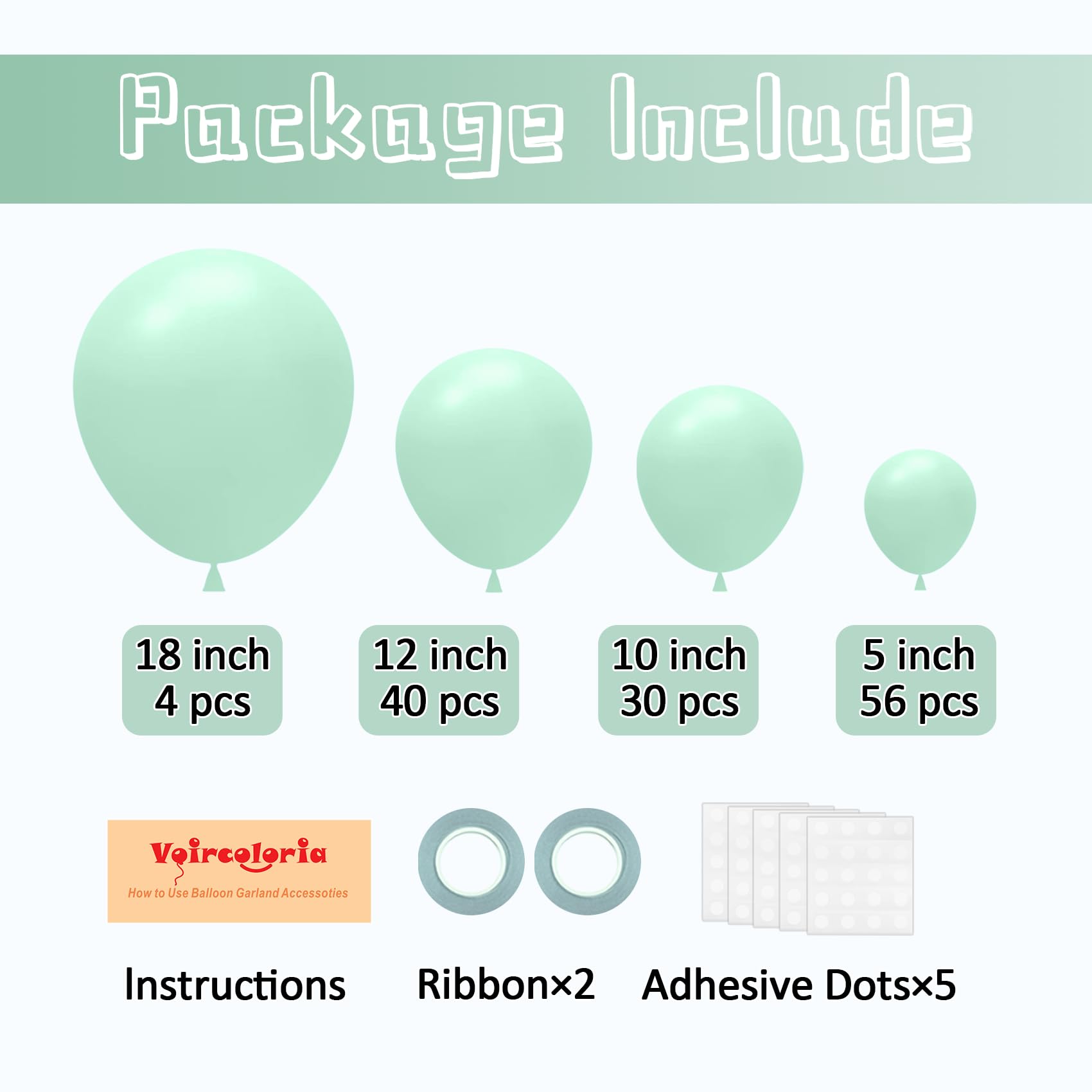 Voircoloria Mint Green Balloons Set – 130pcs in 4 Sizes (18in, 12in, 10in, 5in) for Birthday, Baby Shower, Wedding Decor