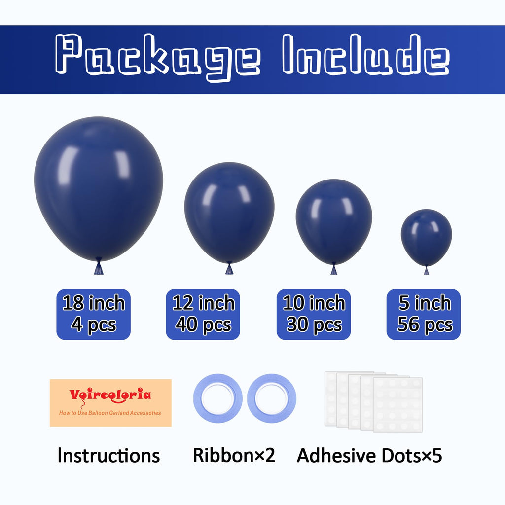 Voircoloria 130pcs Navy Blue Balloons Set – 5-inch, 10-inch, 12-inch, 18-inch for Parties