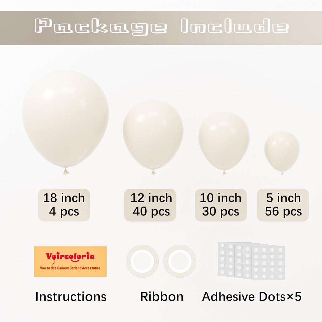 Voircoloria 130pcs White Sand Balloons Set – 18", 12", 10", 5" Off-White Latex Party Balloons