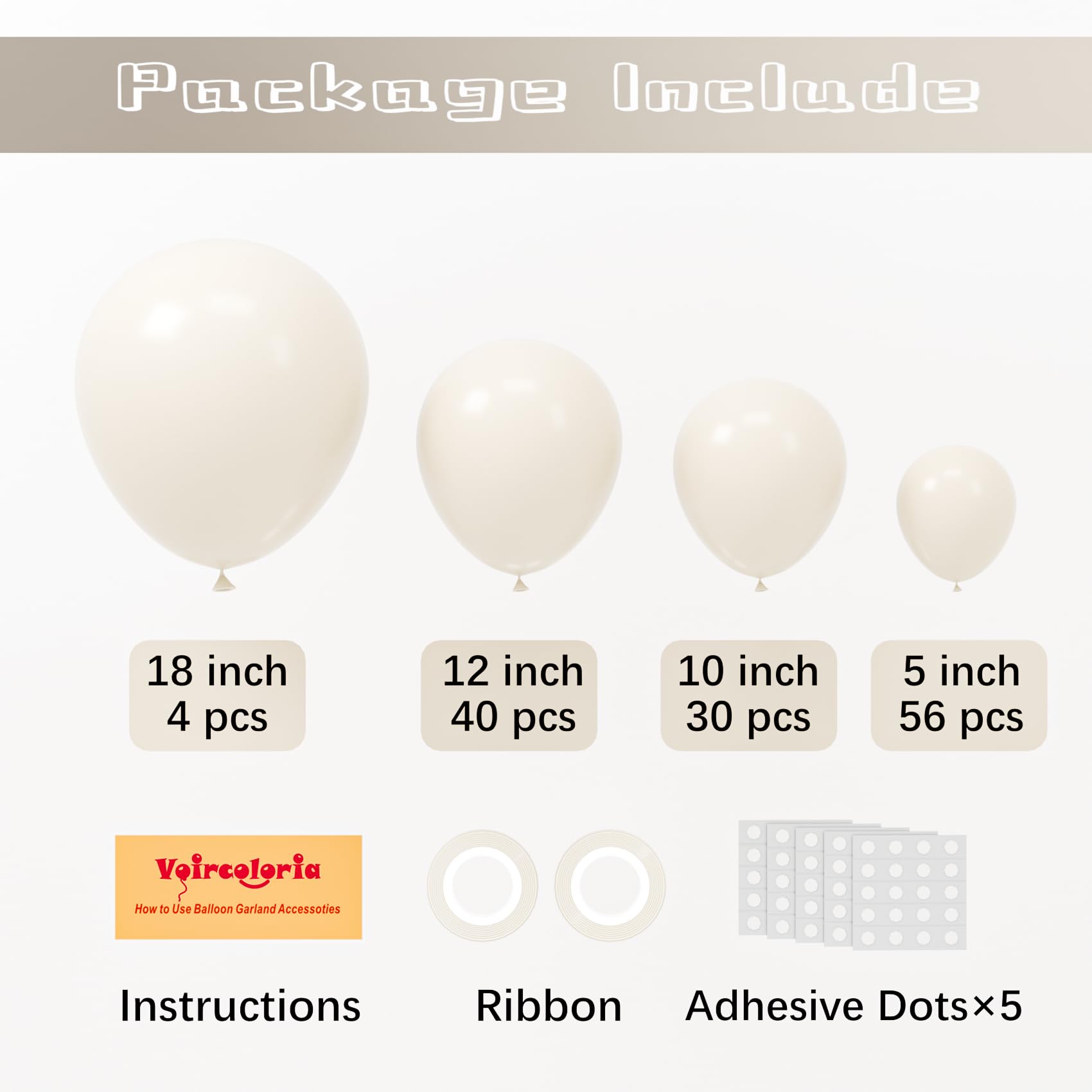 Voircoloria 130pcs White Sand Balloons Set – 18", 12", 10", 5" Off-White Latex Party Balloons