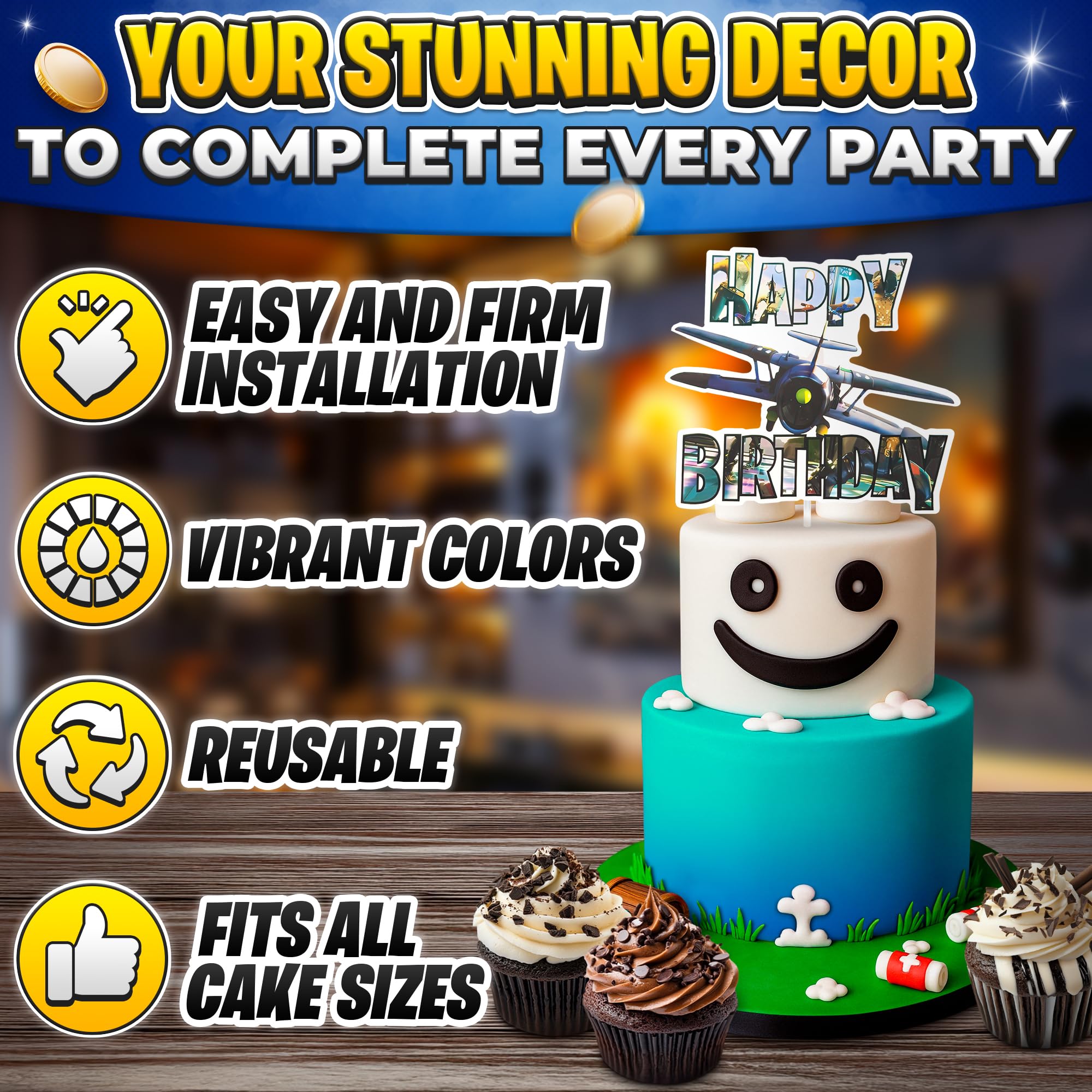 V TOWER Video Game Cake Topper with 7 Action Figures & Large Logo | Sturdy Cardboard Decorations