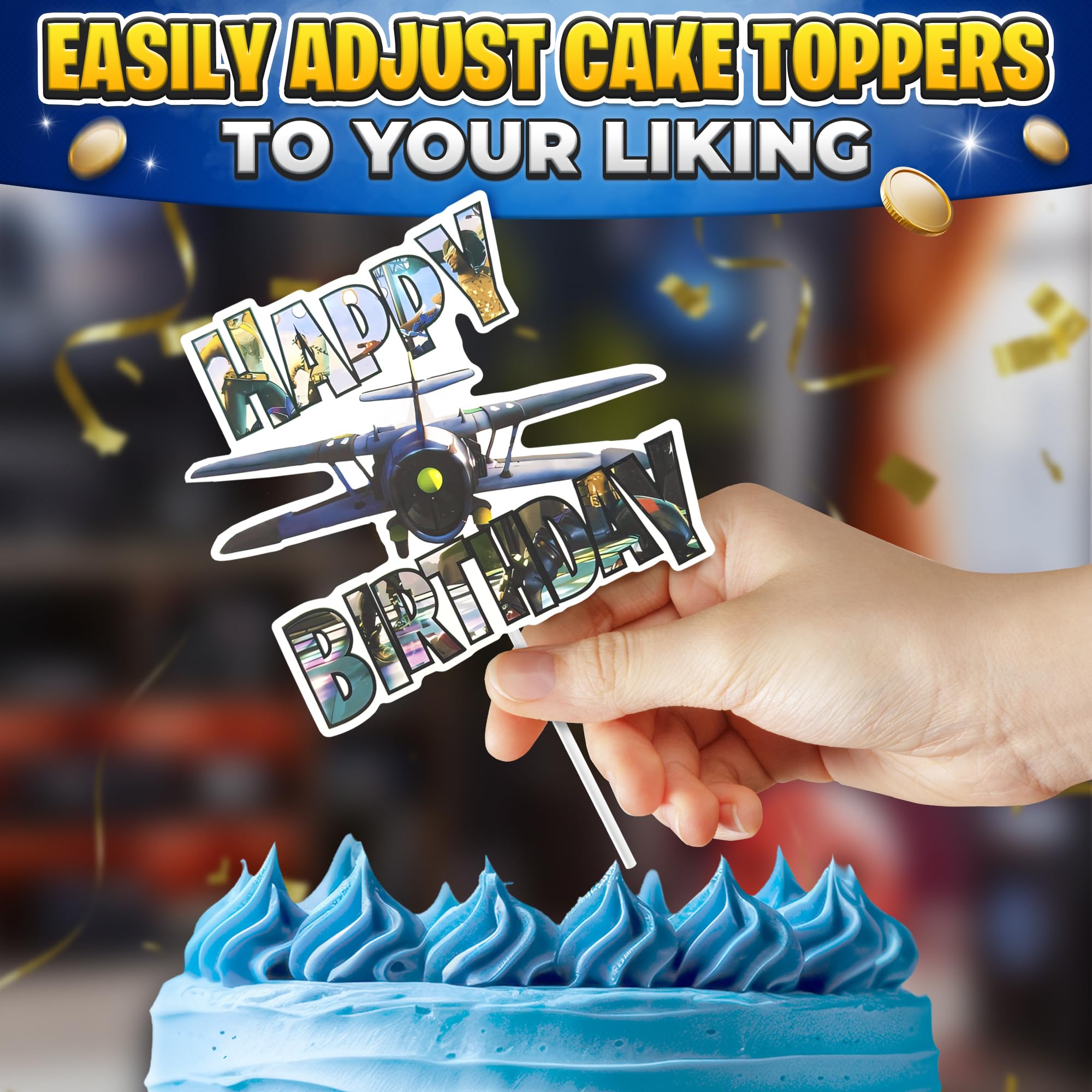 V TOWER Video Game Cake Topper with 7 Action Figures & Large Logo | Sturdy Cardboard Decorations