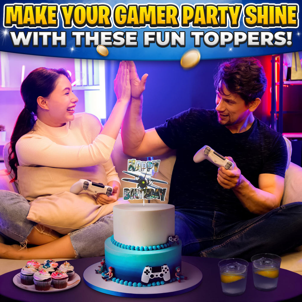 V TOWER Video Game Cake Topper with 7 Action Figures & Large Logo | Sturdy Cardboard Decorations
