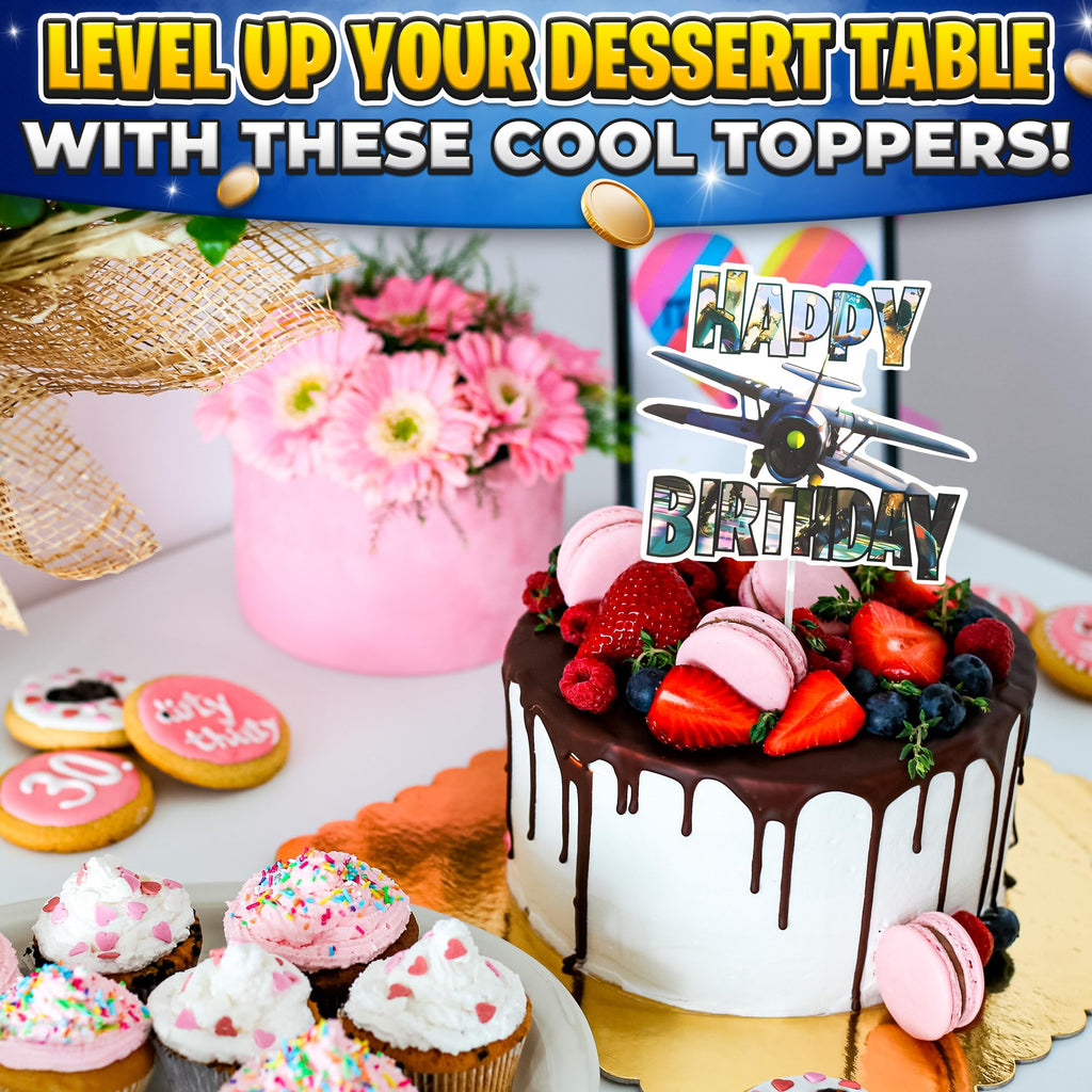 V TOWER Video Game Cake Topper with 7 Action Figures & Large Logo | Sturdy Cardboard Decorations