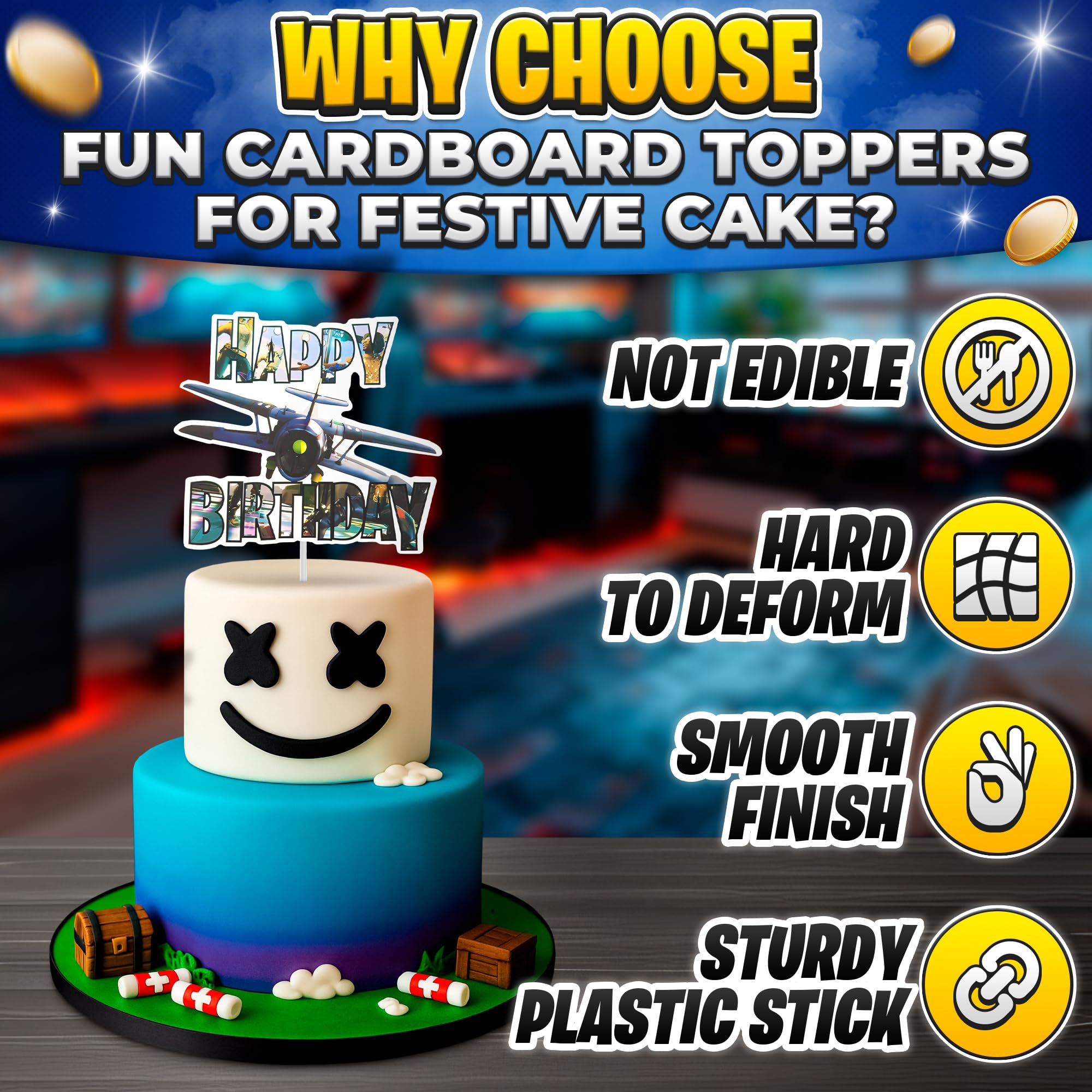 V TOWER Video Game Cake Topper with 7 Action Figures & Large Logo | Sturdy Cardboard Decorations